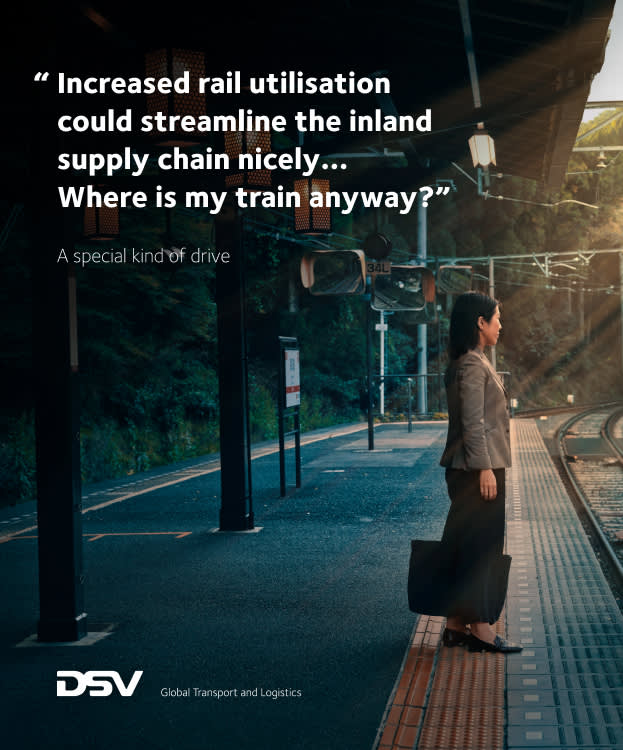 A woman with a suitcase stands on a train platform, looking down the tracks. Overlaid text discusses rail utilization and supply chain efficiency. The DSV Global Transport and Logistics logo is at the bottom.