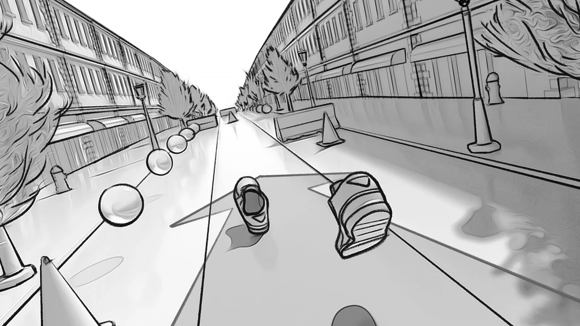 A sketch-style image of a street lined with buildings and trees, featuring scattered cones, spheres, and two backpacks in the center of the road. The scene has a sense of motion and perspective depth.