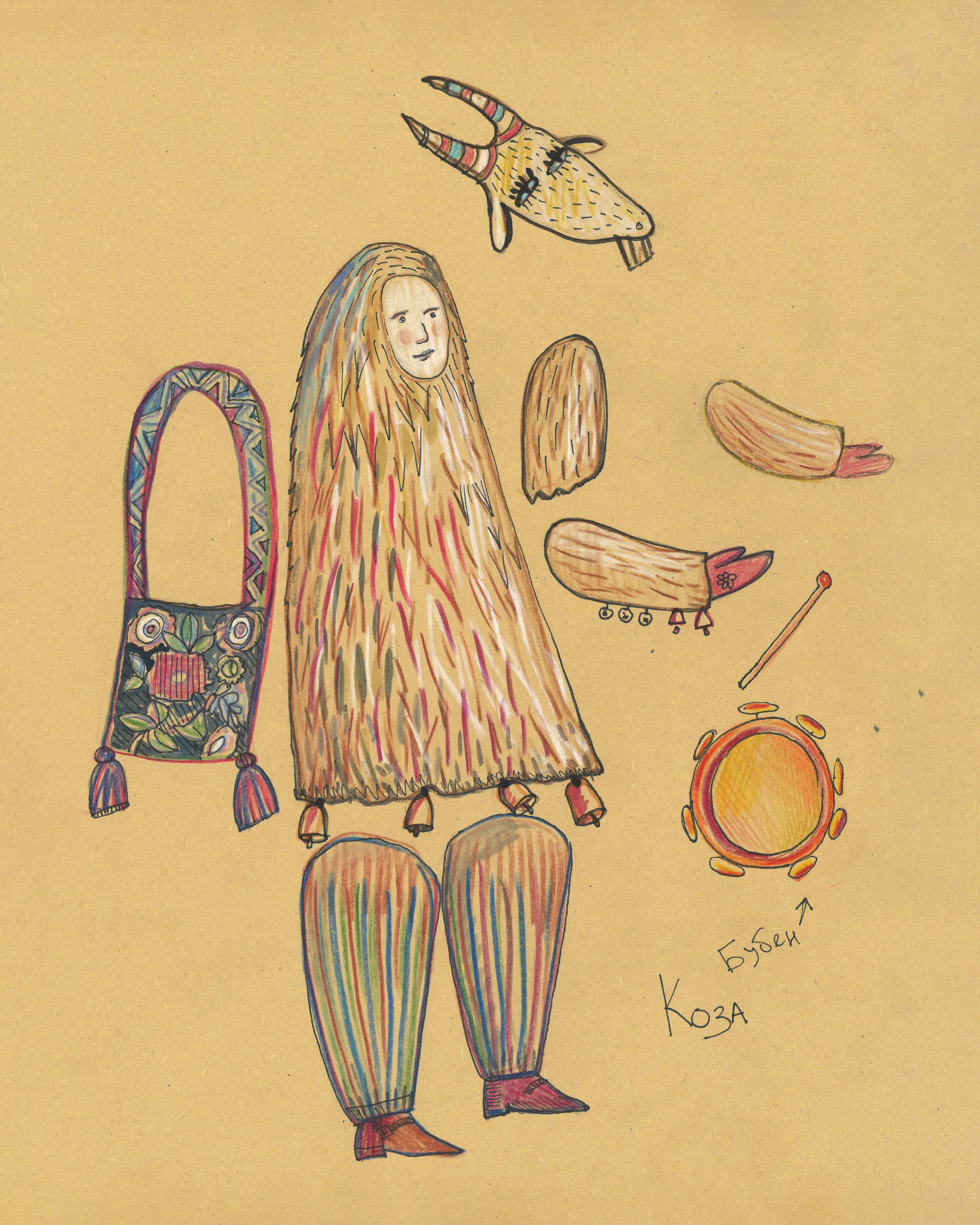 A colorful illustration of parts of a traditional Slavic Koza costume, including a shaggy hooded cloak, striped pants, animal headpiece, drum, and stylized accessories, drawn on tan paper.
