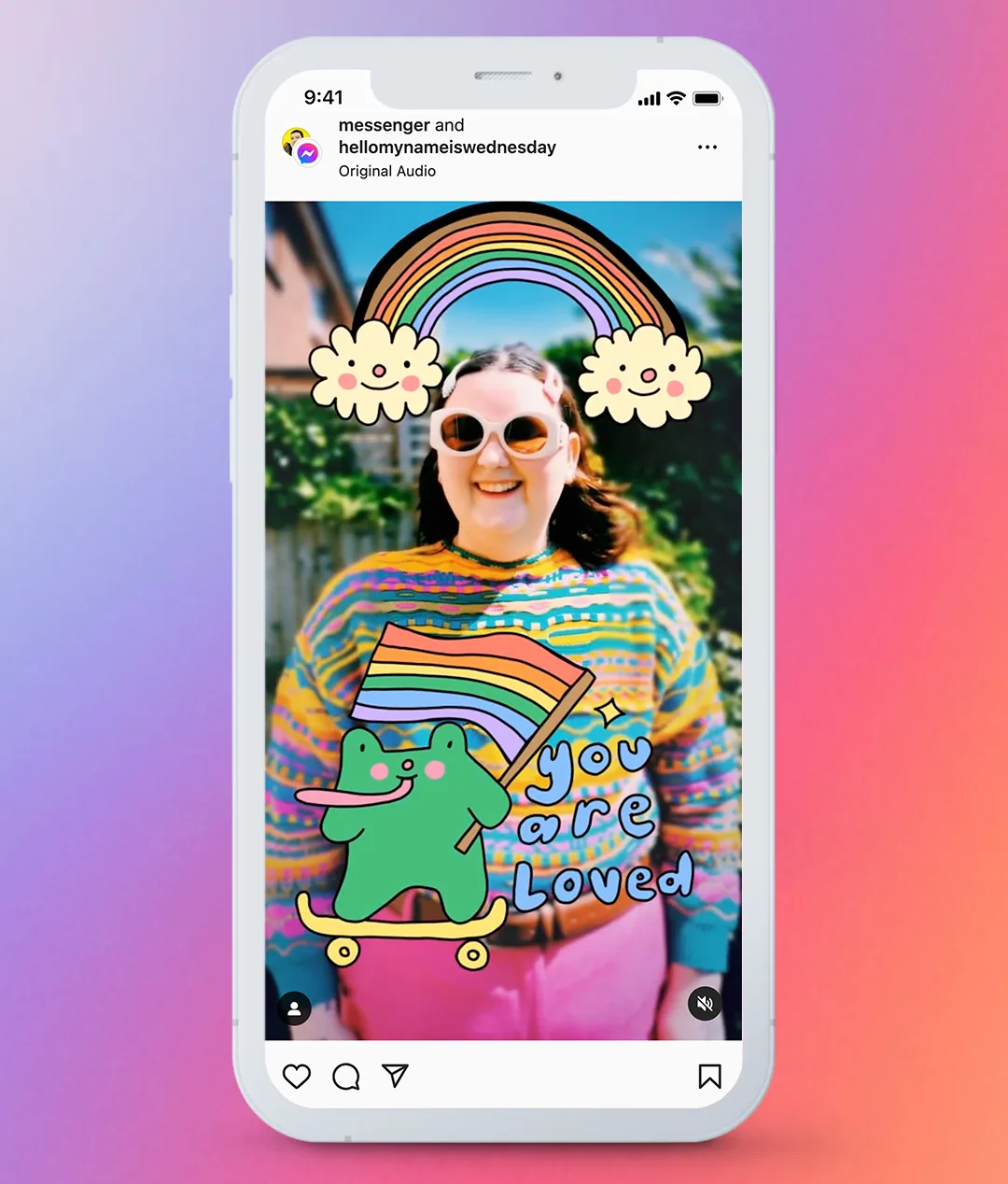 A smiling person in colorful clothes stands outside. Doodles of rainbows, clouds, and a green cartoon character with “you are loved” text are overlaid. The image is displayed on a phone screen with a gradient background.