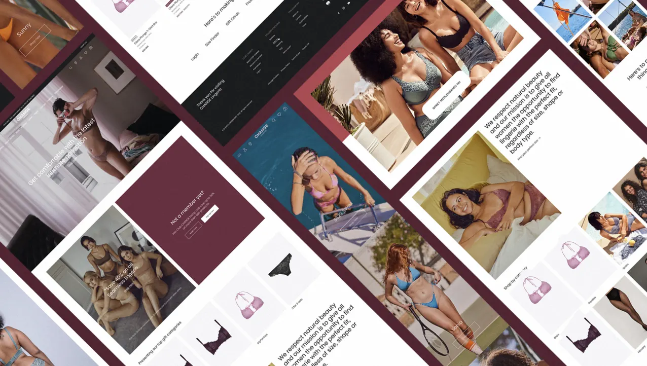 A collage of website screens displaying diverse women modeling lingerie and swimwear, with product images, descriptions, and shopping options on maroon and white themed layouts.