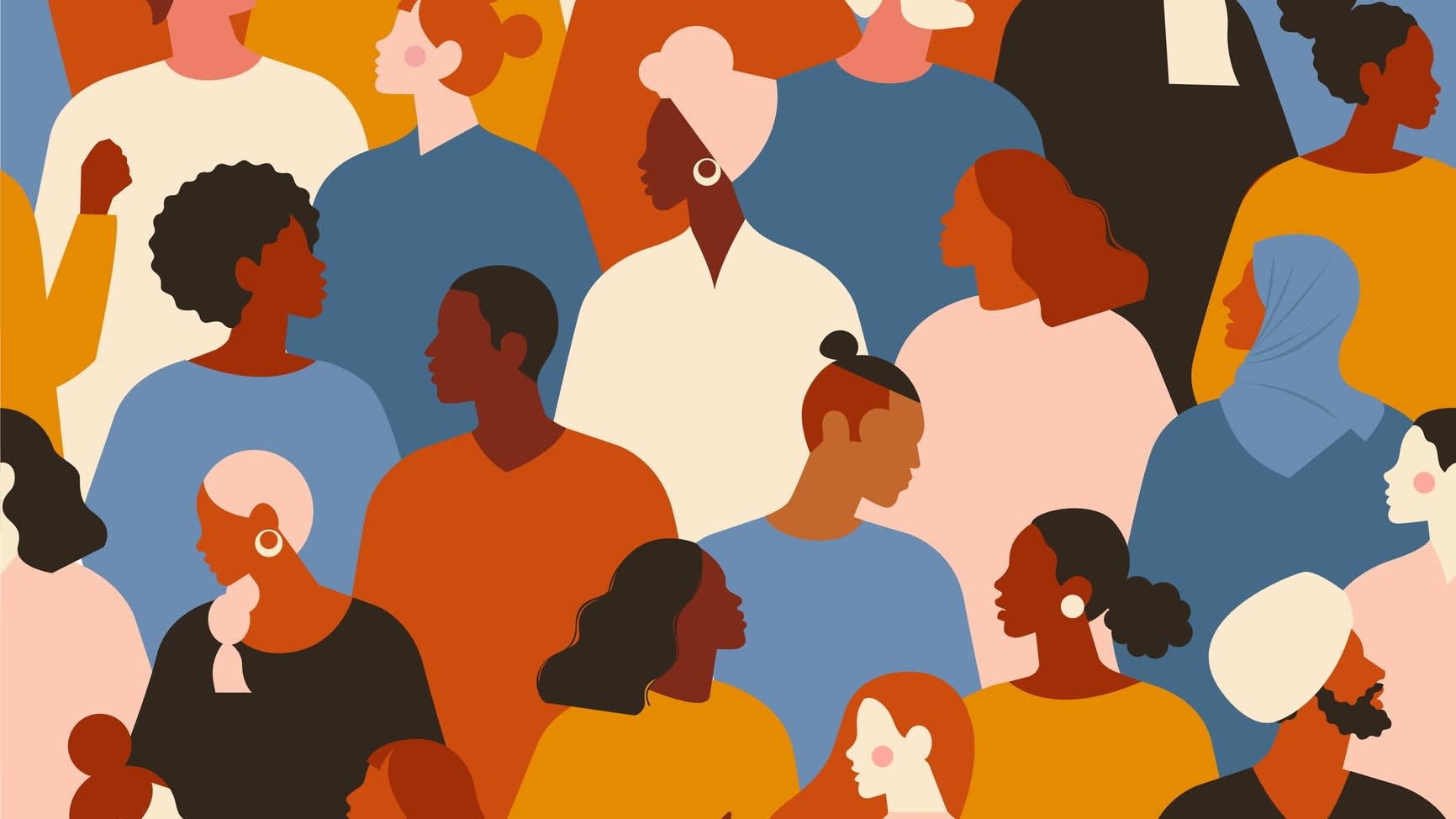 An illustration of the top half of a variety of different people stacked up to form a repetitive pattern. They have a variety of hair styles and head coverings.