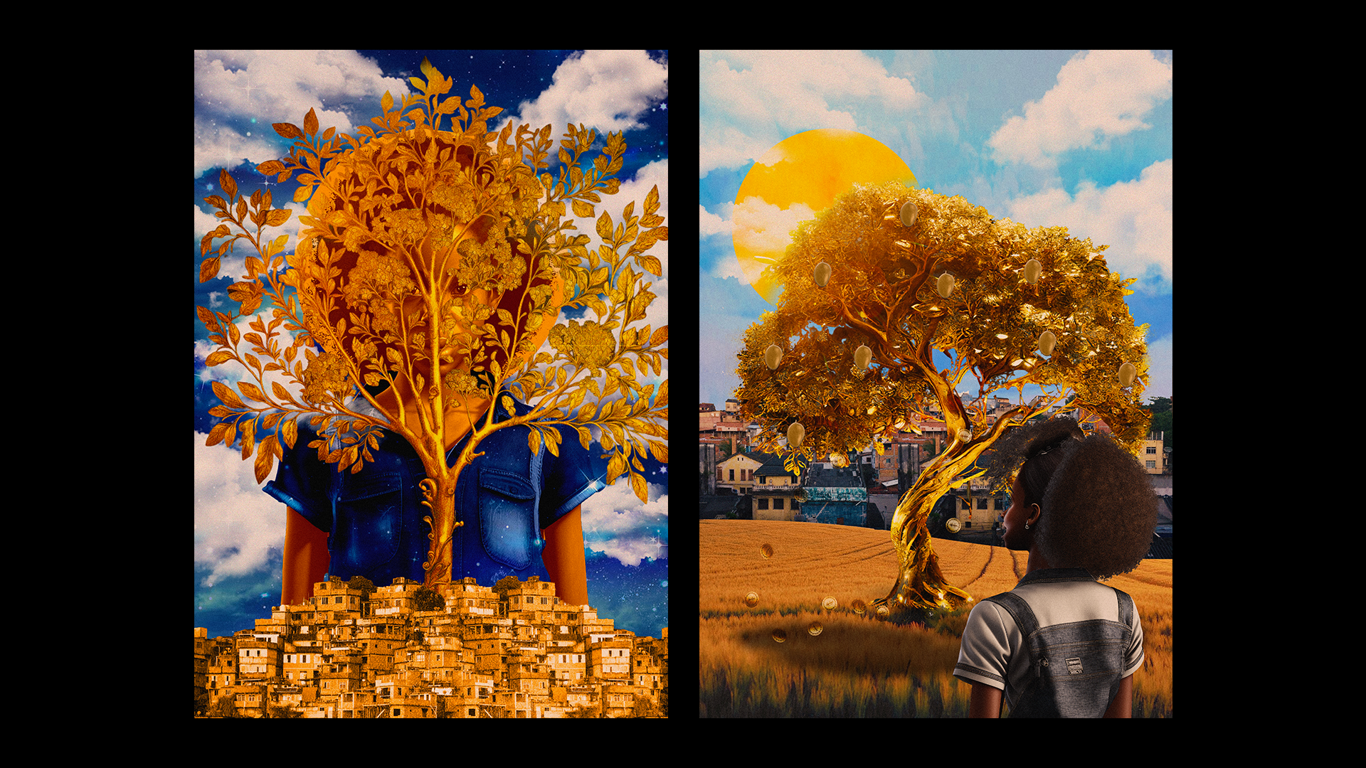 Two digital artworks side by side: On the left, a person with an afro merged with a golden tree growing from crowded houses; on the right, the same person faces a lone golden tree in a sunlit field with a town in the background.