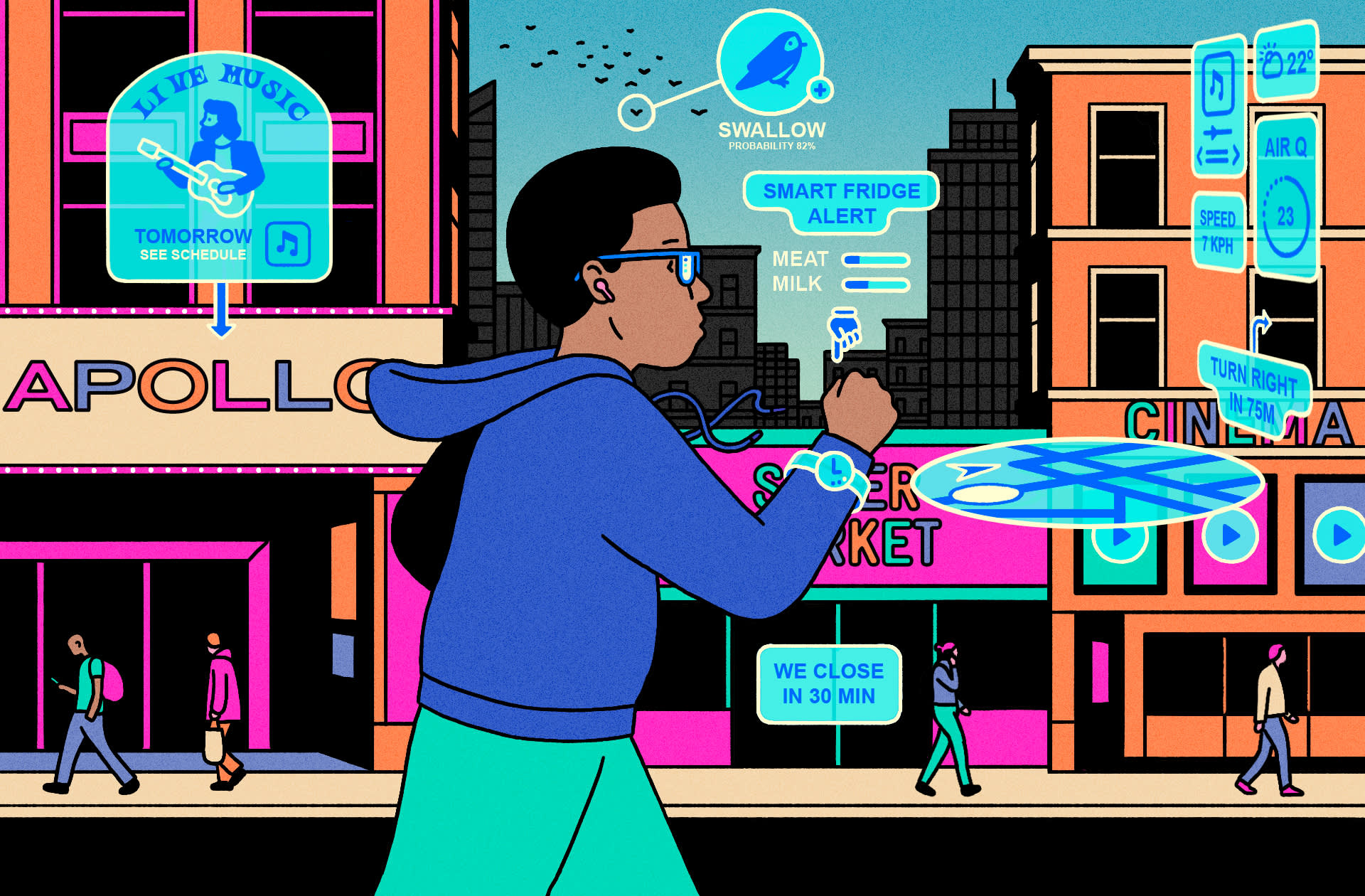 A person walks through a city street filled with colorful buildings while wearing smart glasses that display augmented reality notifications, including music events, shopping alerts, and directions. Other pedestrians walk nearby.