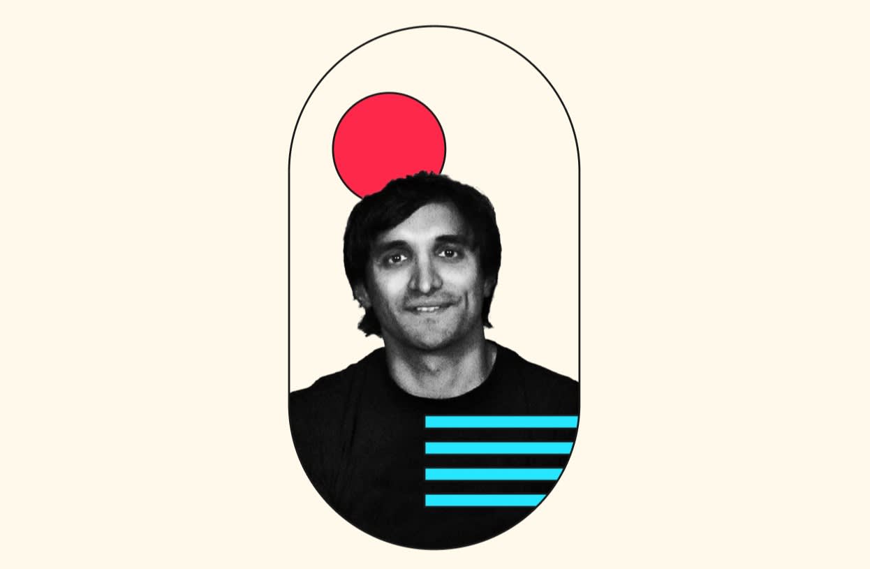 A man with dark hair and a black shirt is centered inside an oval frame. A red circle is above his head, and four turquoise horizontal lines are below his shoulders, all on a light beige background.