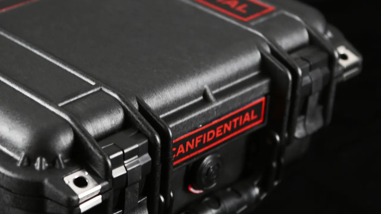 A close-up of a rugged black case with latches, labeled “CONFIDENTIAL” in bold red letters, suggesting secure or sensitive contents inside.