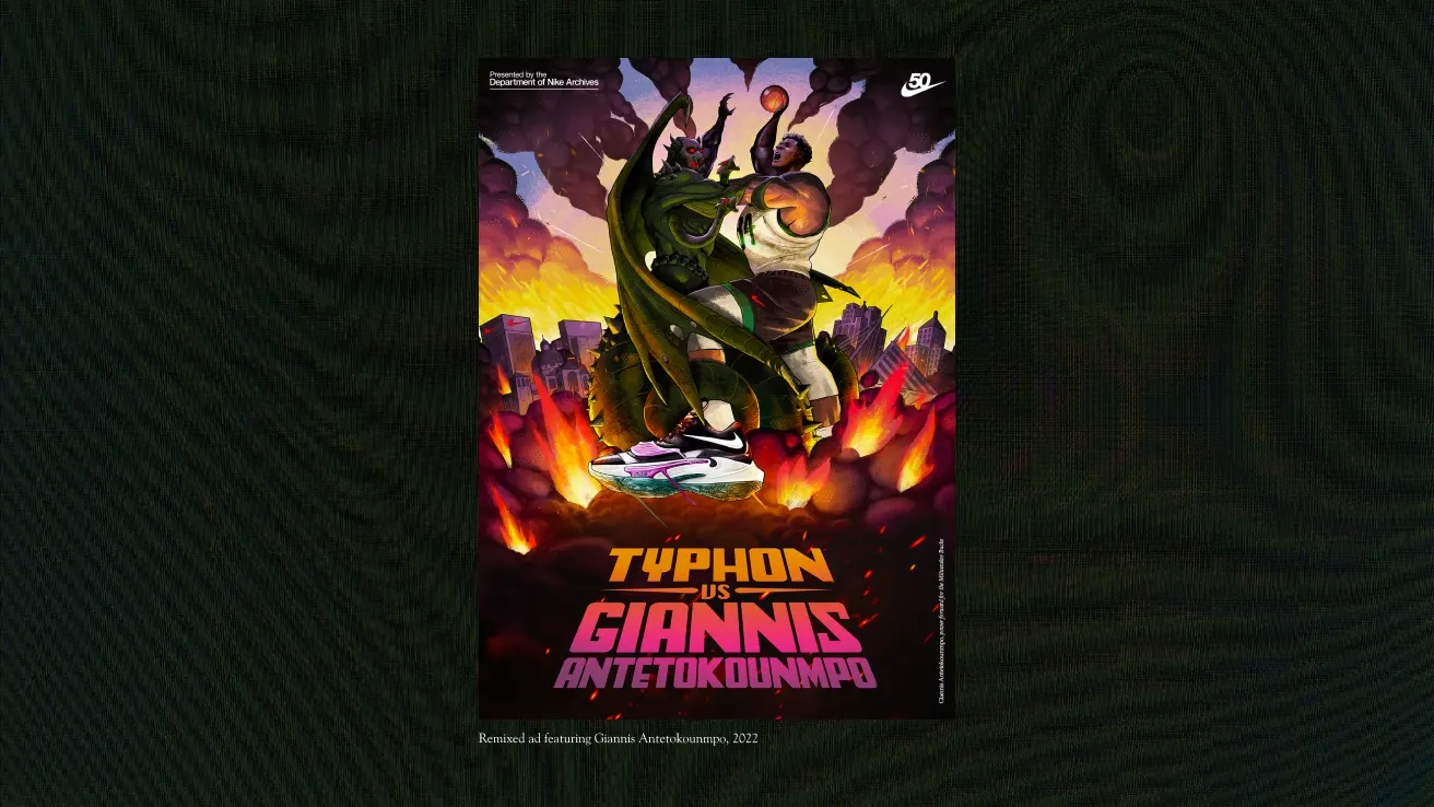 A comic-style poster shows Typhon battling Giannis Antetokounmpo amid a fiery, destroyed city. Typhon has serpentine features; Giannis appears heroic, jumping with a basketball. Bold text reads: Typhon vs Giannis Antetokounmpo.