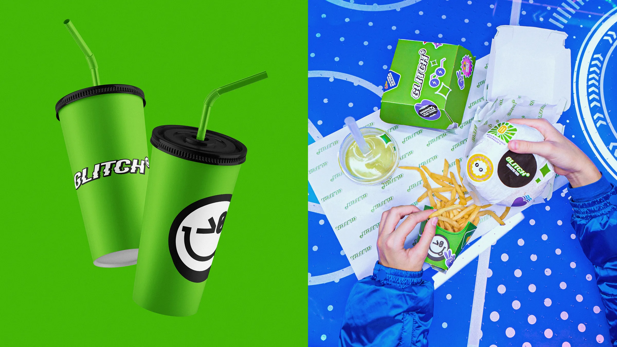 Two green drink cups with straws and a smiley face logo on a green background (left); a meal with fries, a burger, and a drink on branded packaging, with hands unwrapping food on a blue, patterned surface (right).