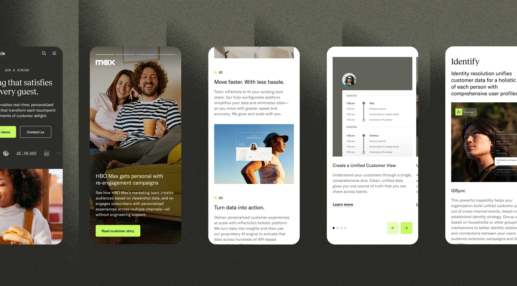 Four mobile phone screens display different app interfaces, including a streaming service ad, a fitness tracking app, a customer information form, and a data integration platform, all against a dark textured background.