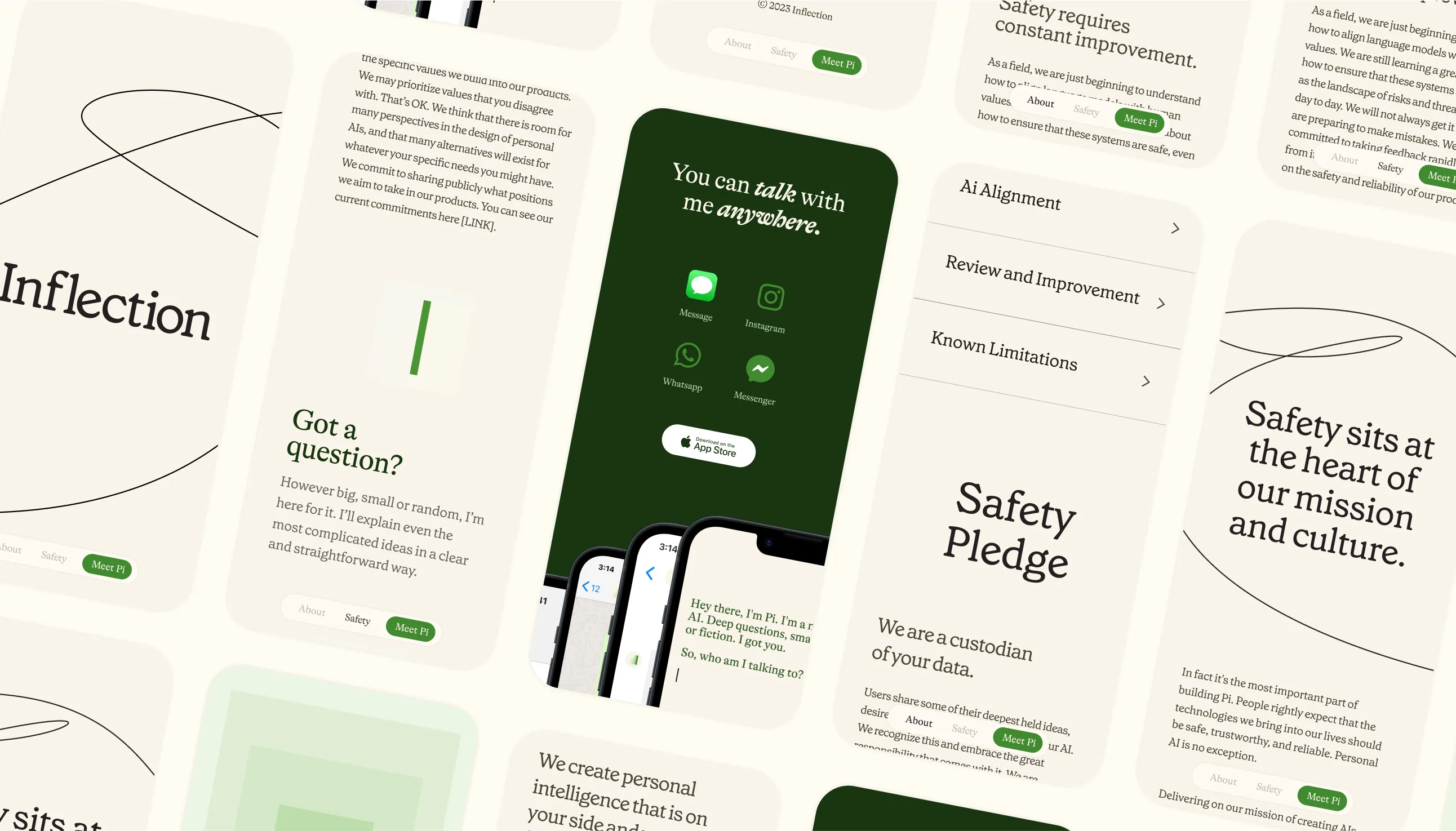 A collage of mobile app screens with a green and beige color scheme, displaying text about safety, alignment, known limitations, a safety pledge, and options to chat or get answers.