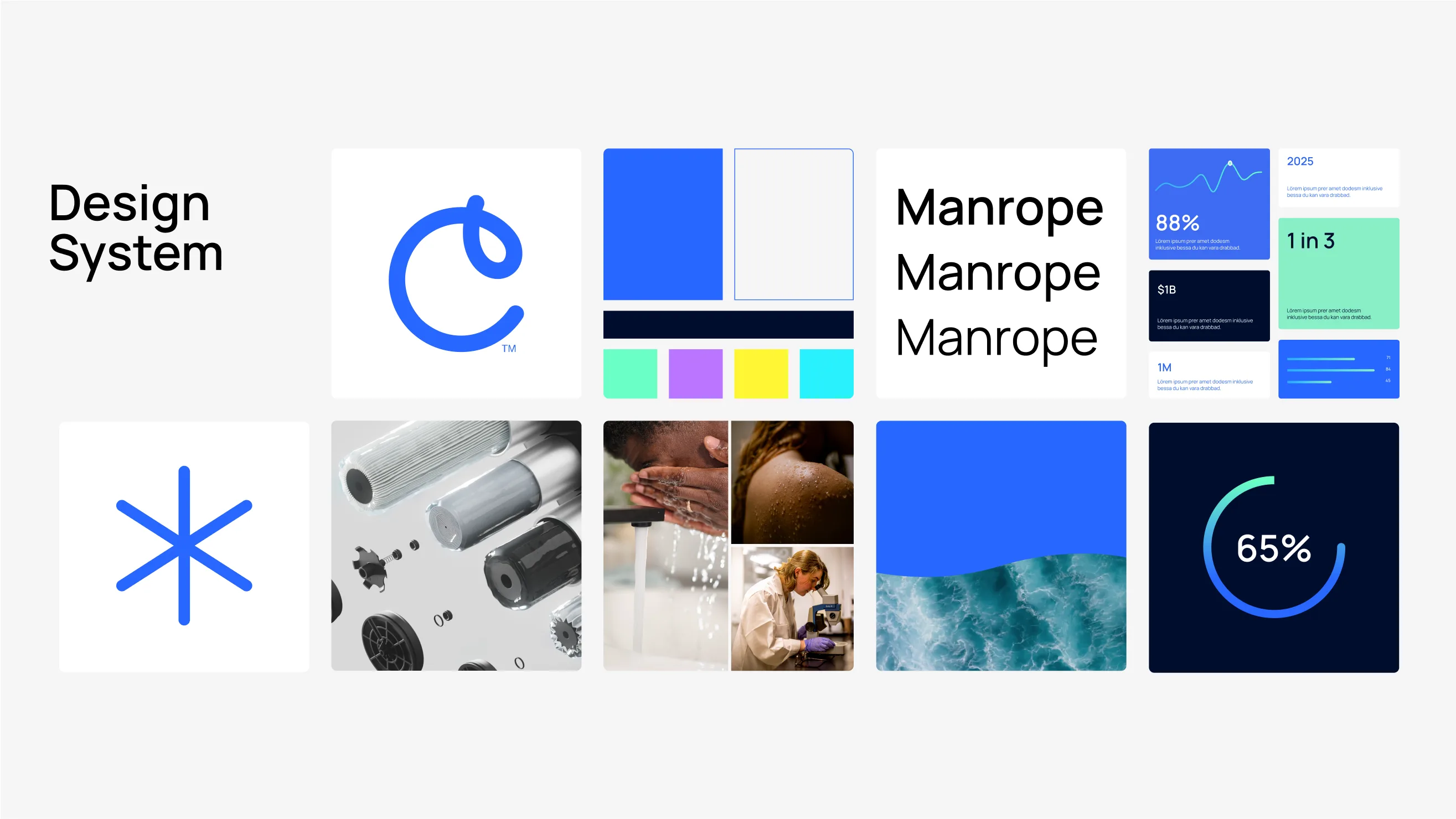A design system collage featuring logo icons, color swatches, typography samples, graphs, charts, machinery, people working, and an ocean image, all organized in a clean, modern layout on a light background.