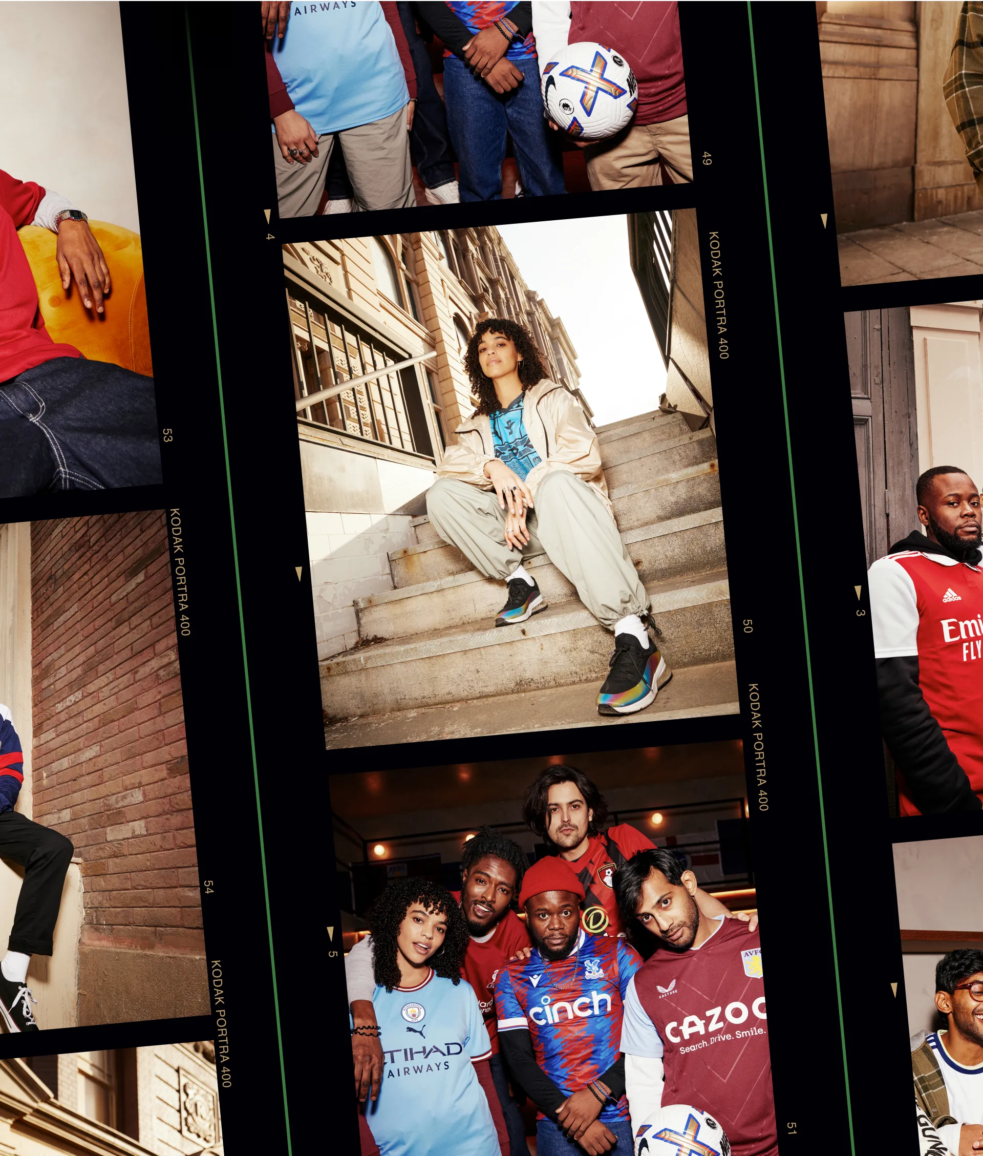 A collage of diverse young adults wearing various soccer jerseys, posing on stairs, standing together, and sitting near brick walls, conveying a casual and energetic atmosphere.