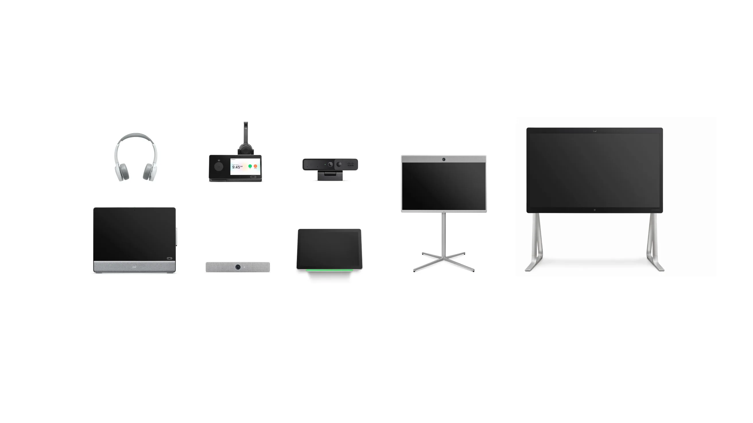 A collection of video conferencing devices and accessories, including headphones, cameras, screens, and smart panels, arranged in two rows on a white background.