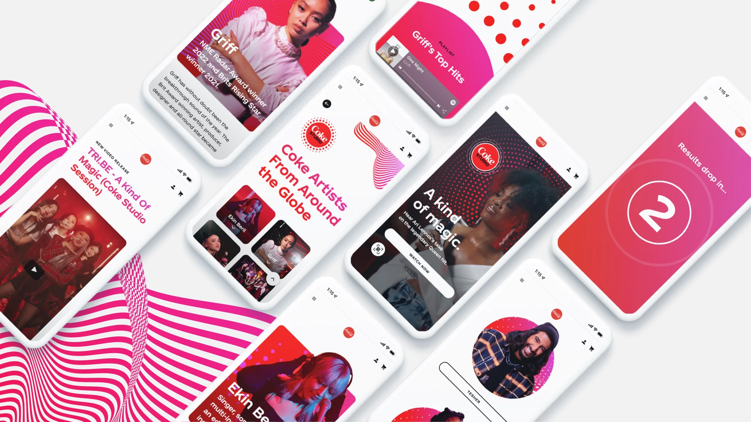 A flat lay of multiple smartphones displaying a colorful music or entertainment app interface, featuring artist profiles, playlists, and bold red and pink graphic elements.