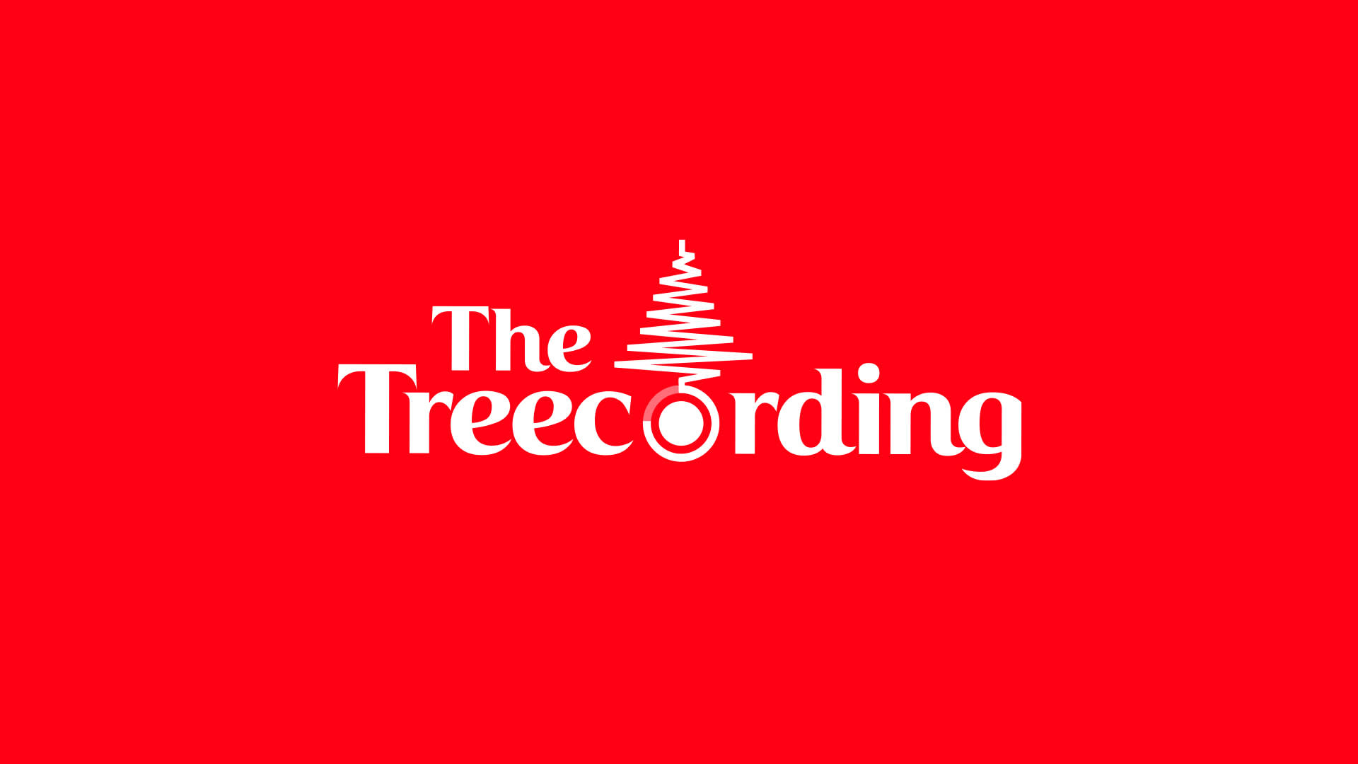 White text logo on a red background reads The Treecording with a spiral line forming a stylized tree shape above the double o in the word. The font is bold and modern.