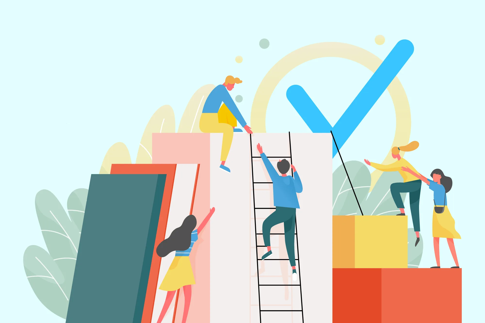 Illustration of five people climbing and helping each other up large colorful blocks with a blue checkmark in the background, symbolizing teamwork and achievement.