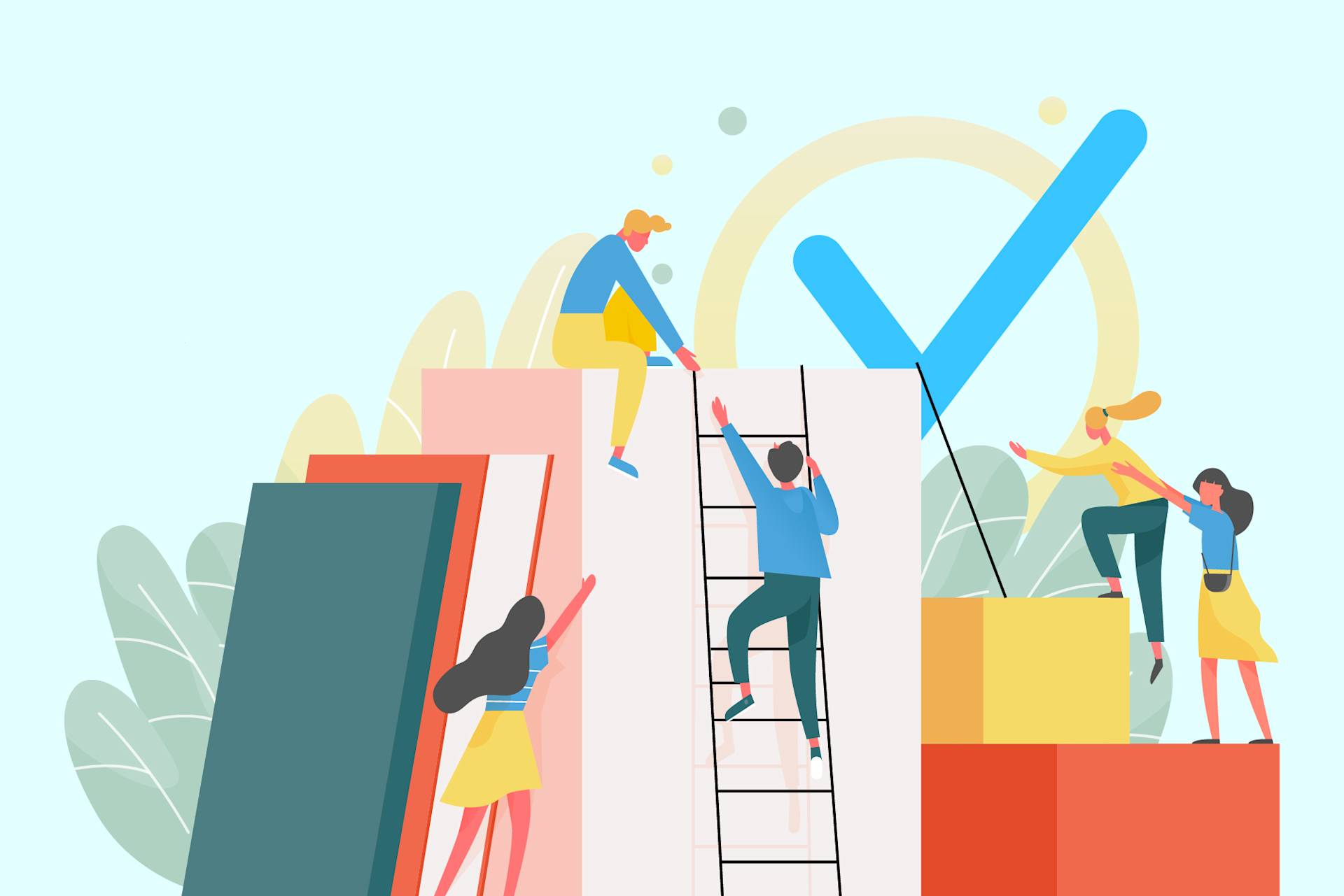 Illustration of five people climbing and helping each other up large colorful blocks with a blue checkmark in the background, symbolizing teamwork and achievement.