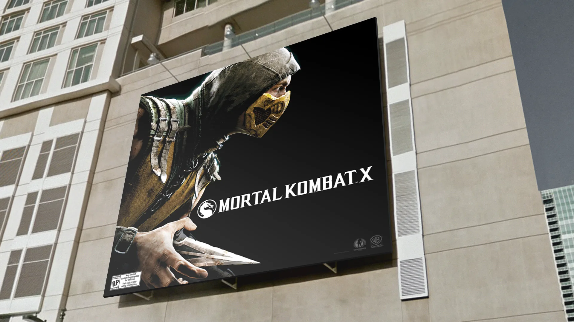 A large billboard on a building displays a character in a yellow mask and armor from Mortal Kombat X, holding a blade, with the games logo and title on a black background.