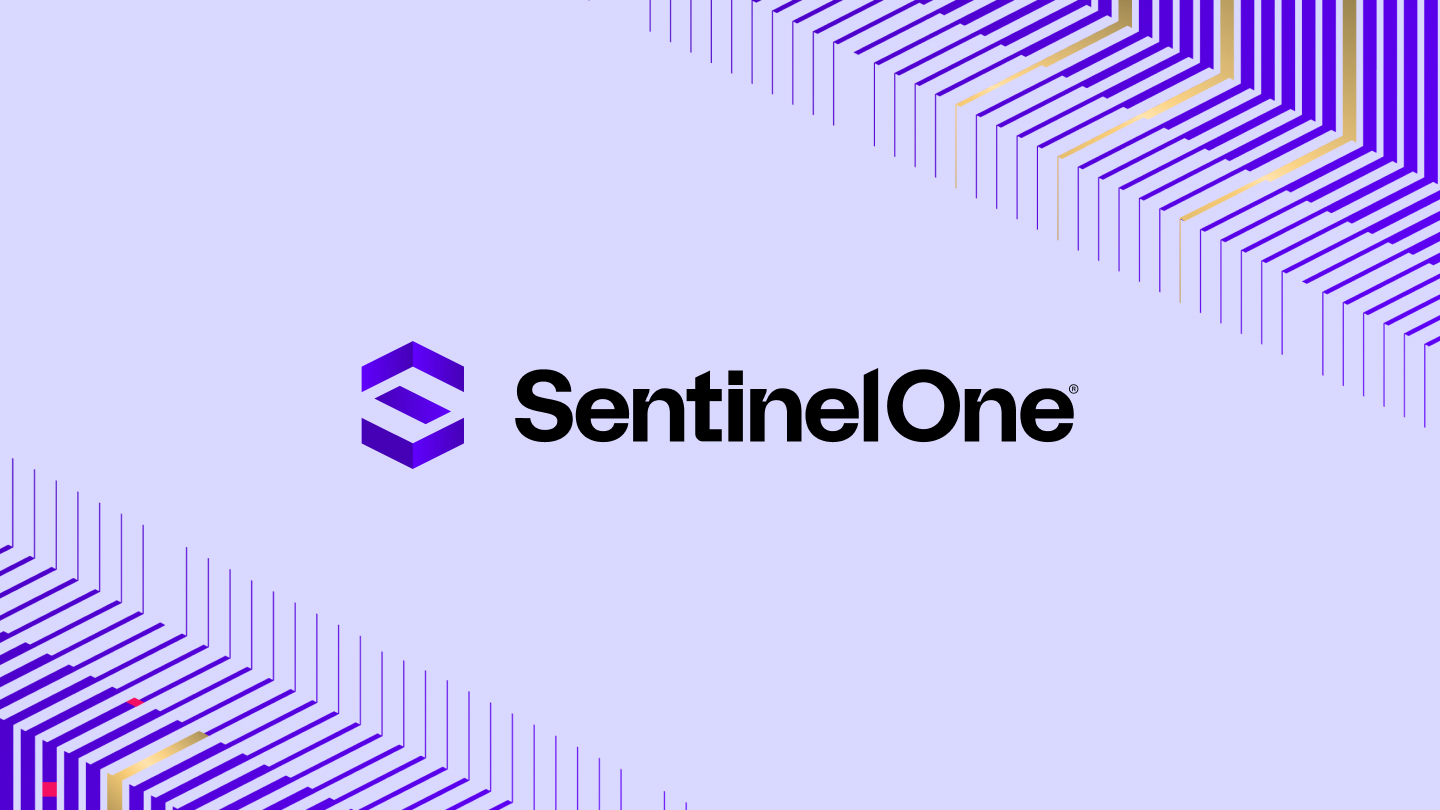 SentinelOne logo with purple geometric design elements on a light purple background. The logo features a hexagonal icon and the name SentinelOne in bold black text.
