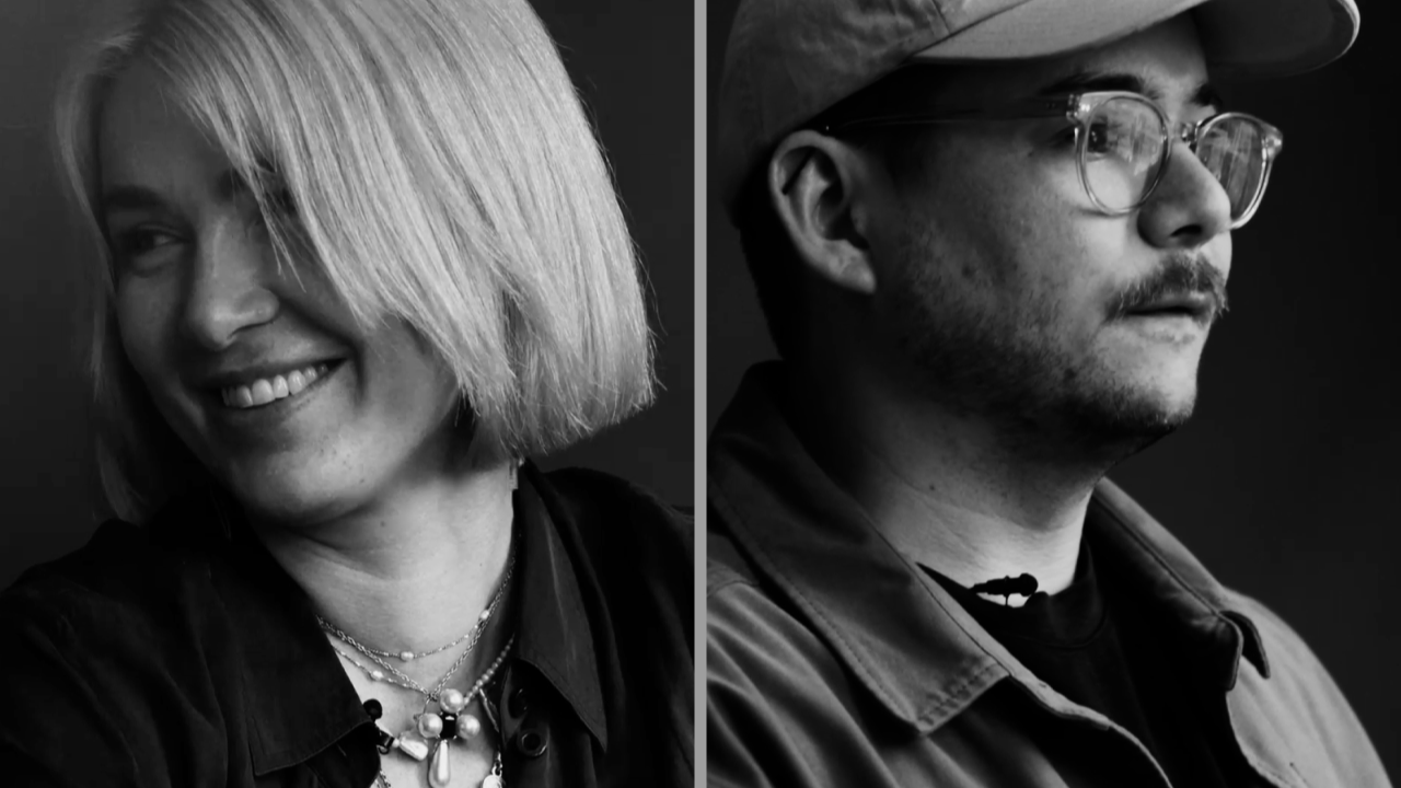 A black and white split image shows a smiling woman with blonde bobbed hair on the left and a man with glasses, a cap, and light facial hair looking serious on the right.