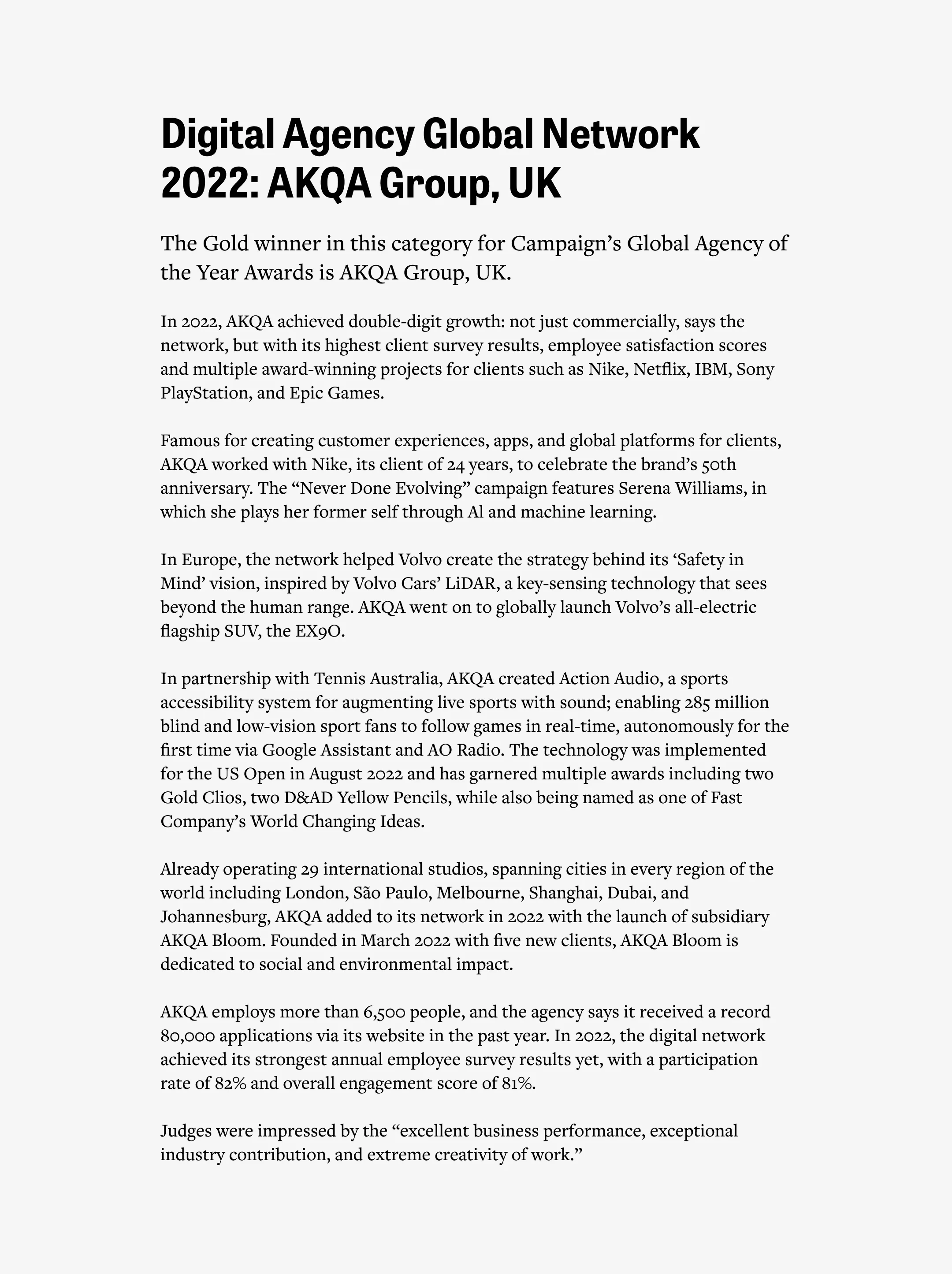 A page showing the Digital Agency Global Network 2022 award for AKQA Group, UK, with a summary of the agency’s achievements, notable projects, client list, and judges’ comments in black text on a white background.