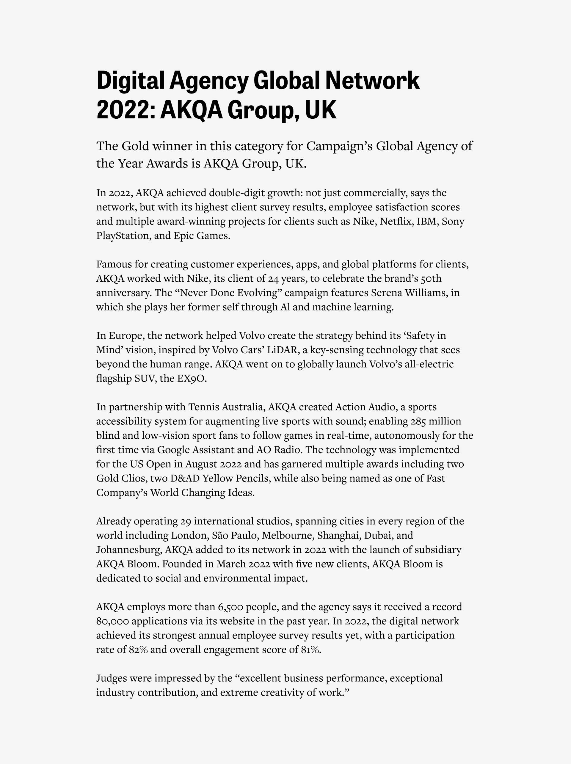 A page showing the Digital Agency Global Network 2022 award for AKQA Group, UK, with a summary of the agency’s achievements, notable projects, client list, and judges’ comments in black text on a white background.