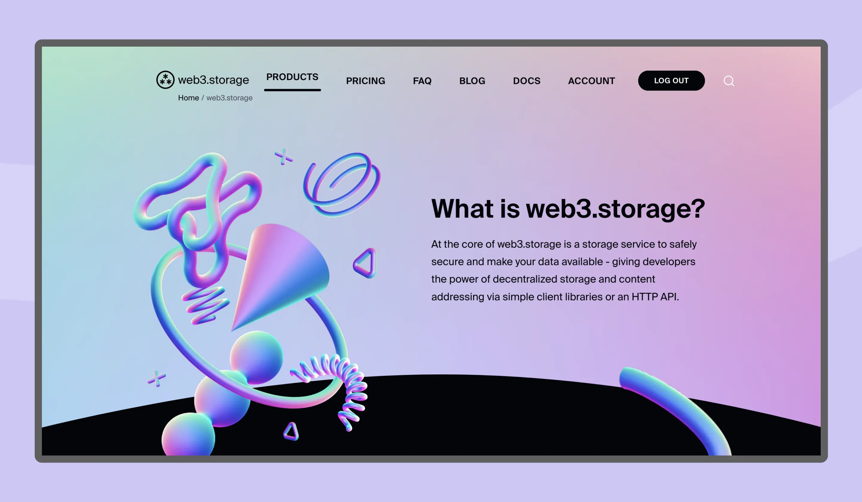 A website page for web3.storage features a pastel gradient background, abstract 3D shapes on the left, and text on the right explaining the web3.storage service for decentralized data storage. Navigation menu is at the top.