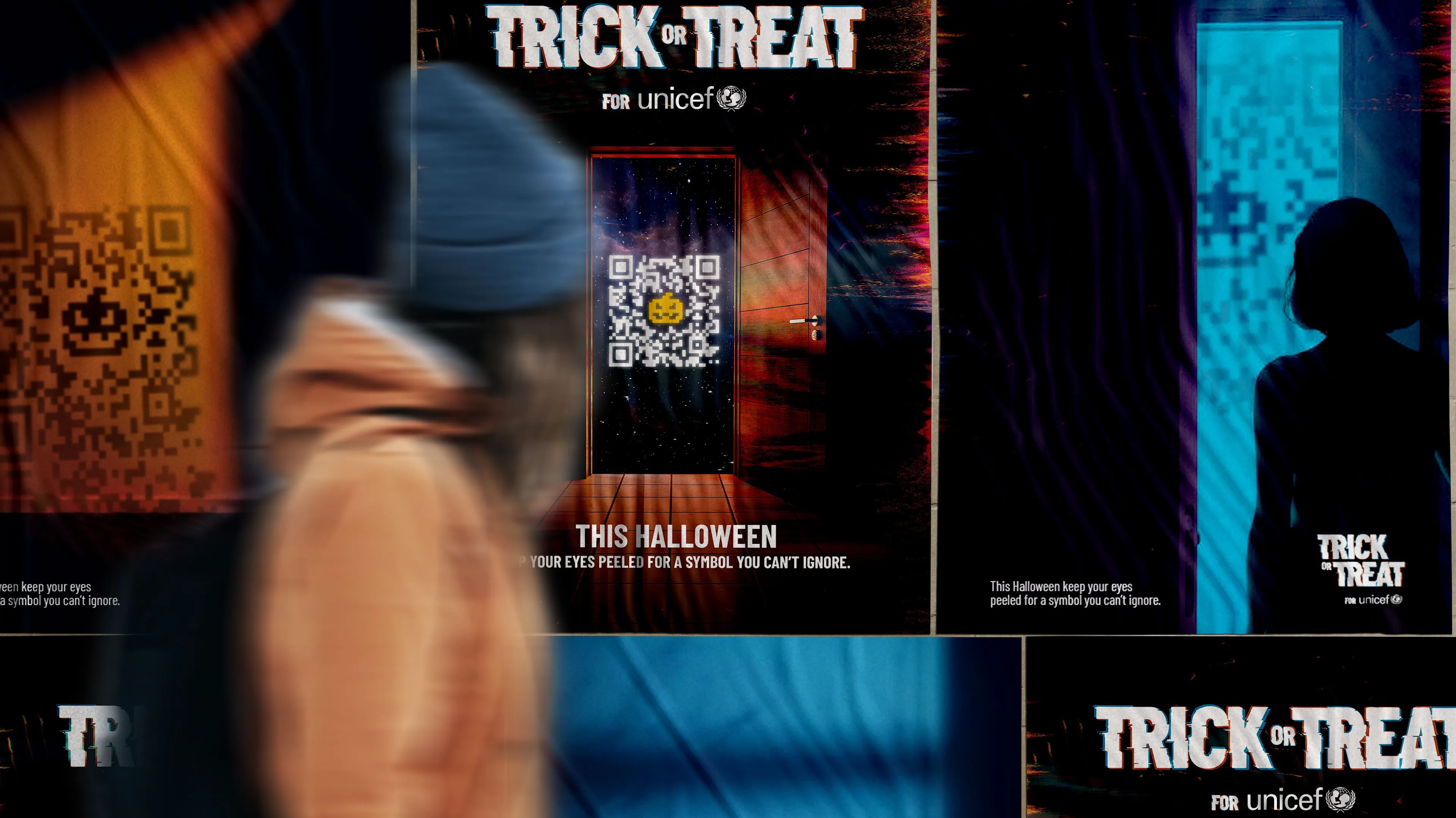A person in a blue beanie and orange jacket walks past posters for UNICEF’s “Trick or Treat” campaign, featuring a QR code, a glowing door, and the text “This Halloween your eyes peele for a story you can’t ignore.”.