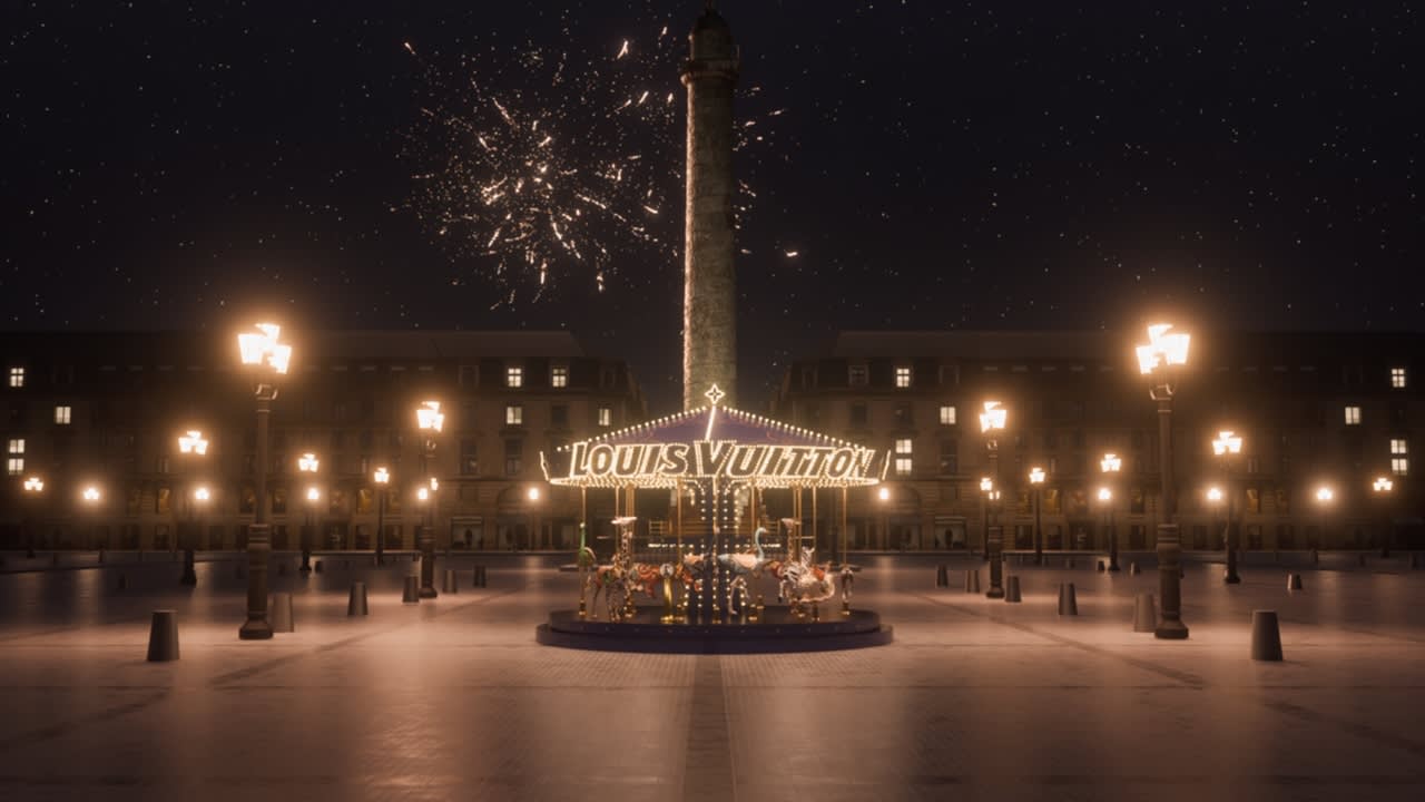 A brightly lit Louis Vuitton carousel stands in an empty square at night, surrounded by glowing street lamps, with fireworks lighting up the sky above a tall column in the background.