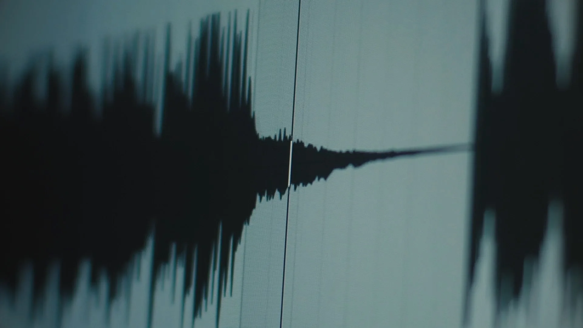 A close-up view of an audio waveform displayed on a digital screen, showing peaks and valleys representing sound amplitude over time. The image features a dark waveform on a light background with grid lines.