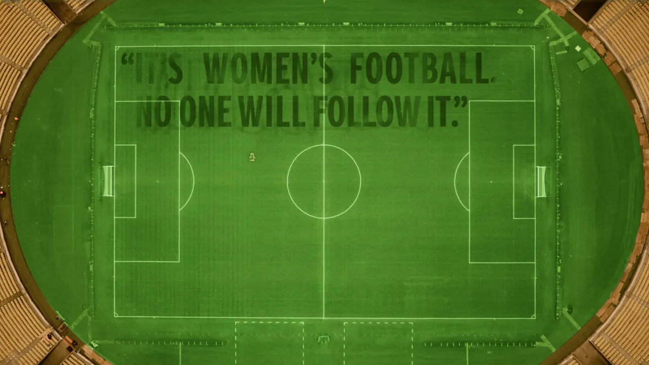Aerial view of an empty football stadium. Bold text on the pitch reads: “It’s women’s football. No one will follow it.”.