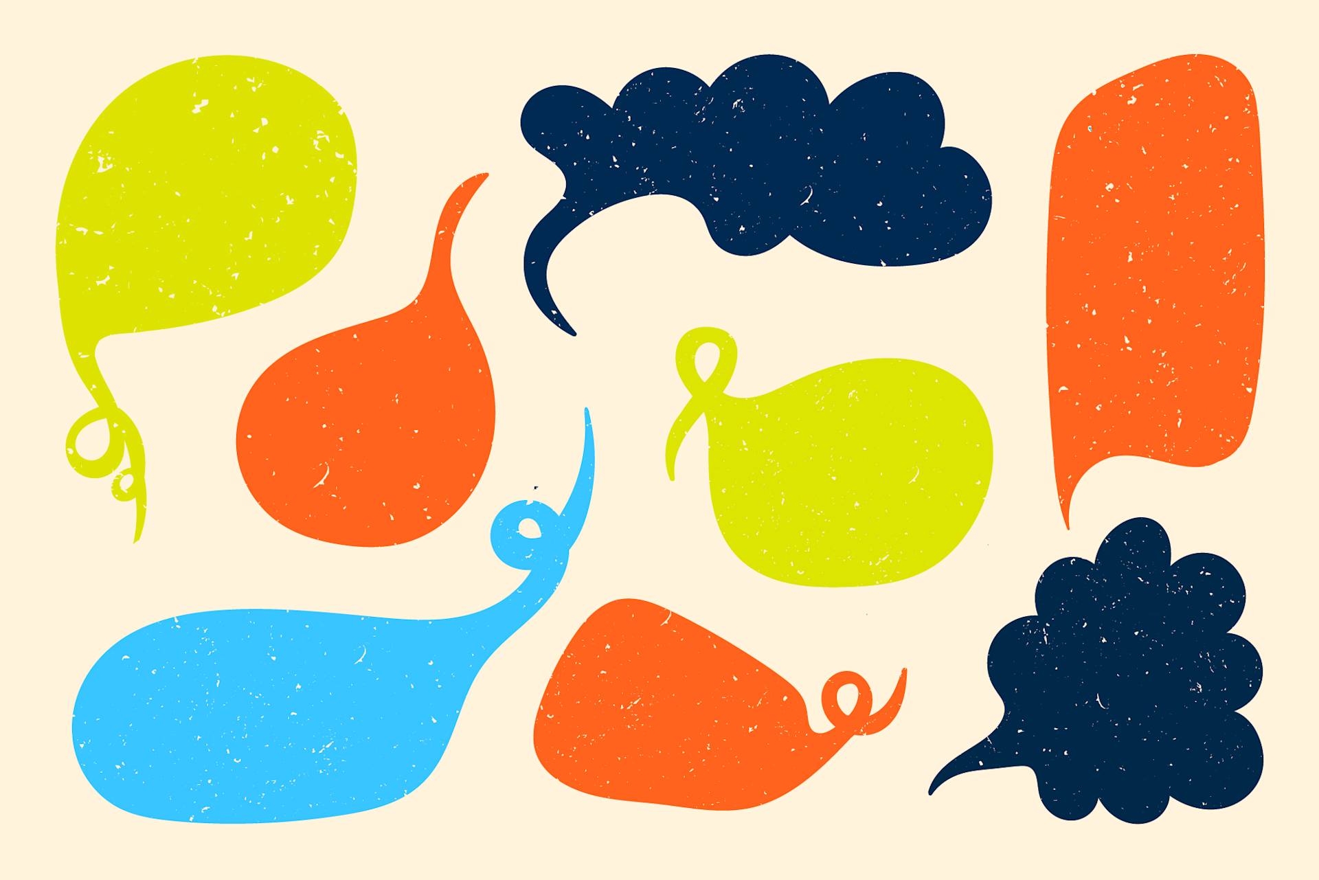 Colorful, textured speech and thought bubbles in various shapes—yellow, orange, blue, and black—are scattered on a beige background. The bubbles have whimsical, irregular designs and rough, speckled surfaces.
