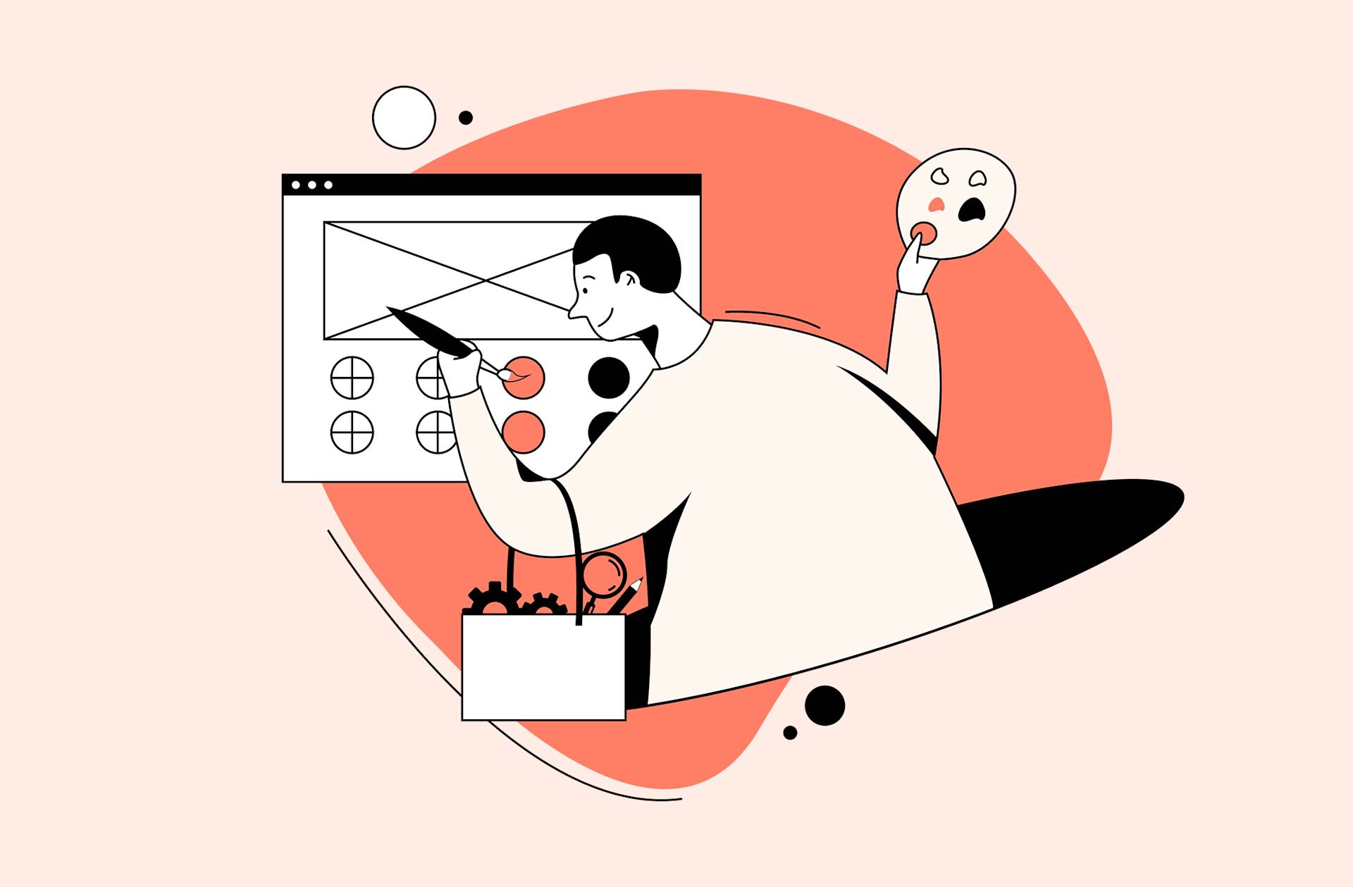 A person holding a paint palette designs a web interface with a brush, blending creative and technical tools, against an abstract red background.