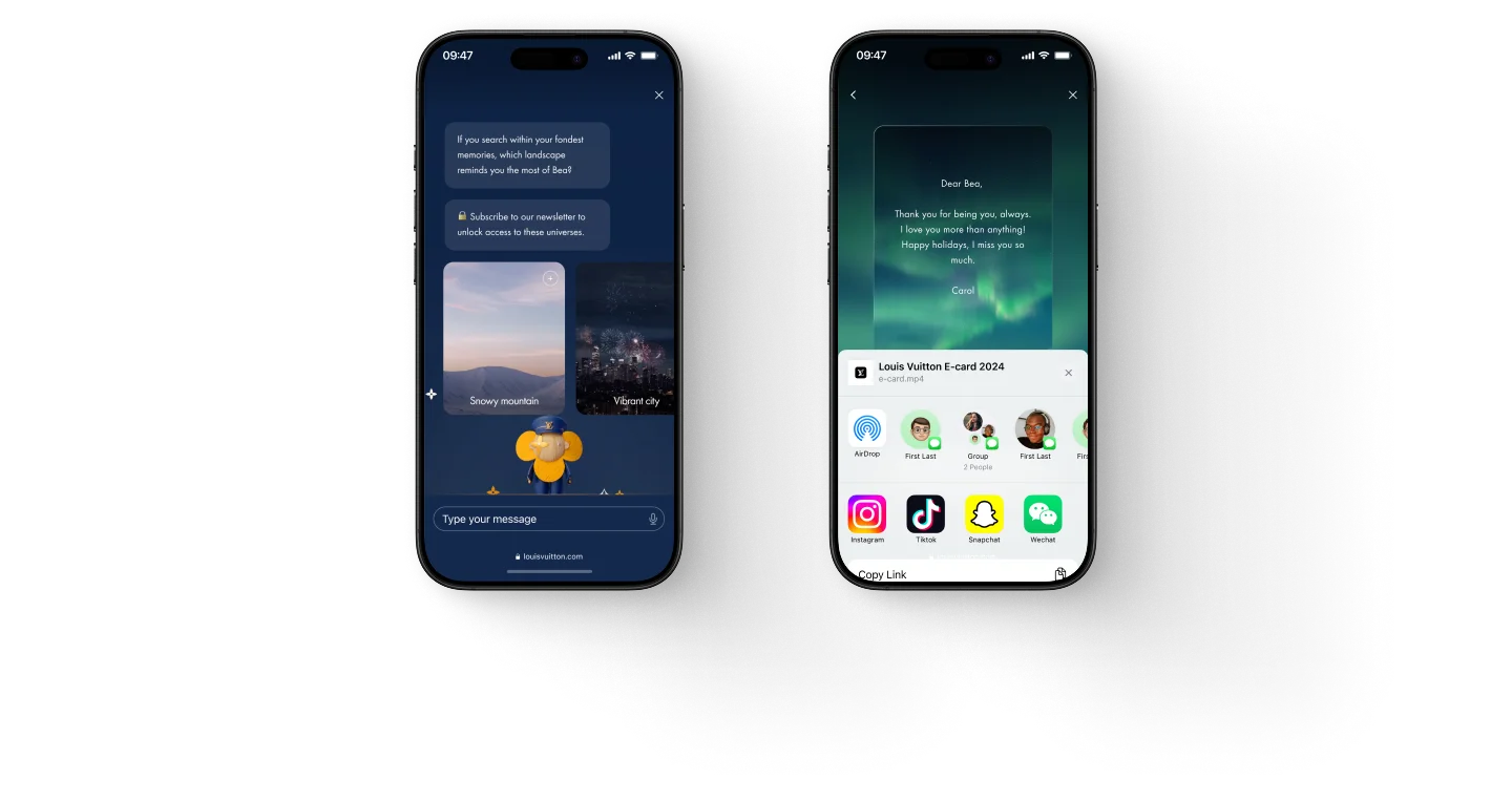 Two smartphones display chat and sharing screens; the left shows a messaging app with a conversation and image previews, while the right shows a media sharing interface with app icons like WhatsApp, Instagram, and Snapchat.