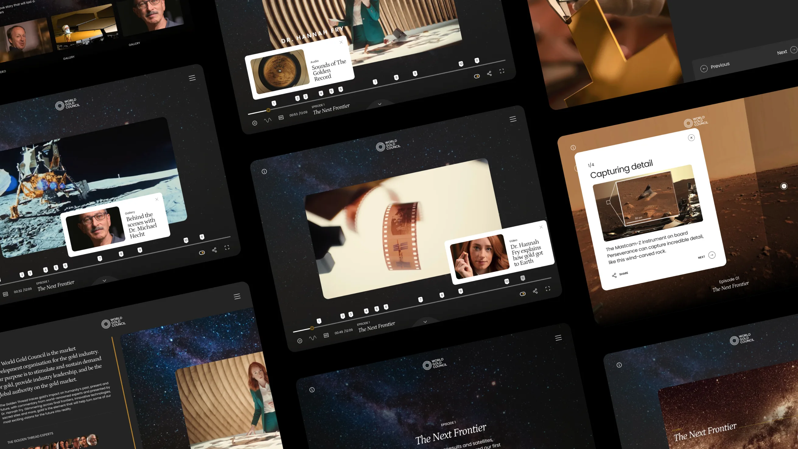 A collage of digital screens displays various film and photography scenes, including a woman with a film reel, an astronaut on the moon, and close-up shots of photographic equipment, set against a space-themed background.