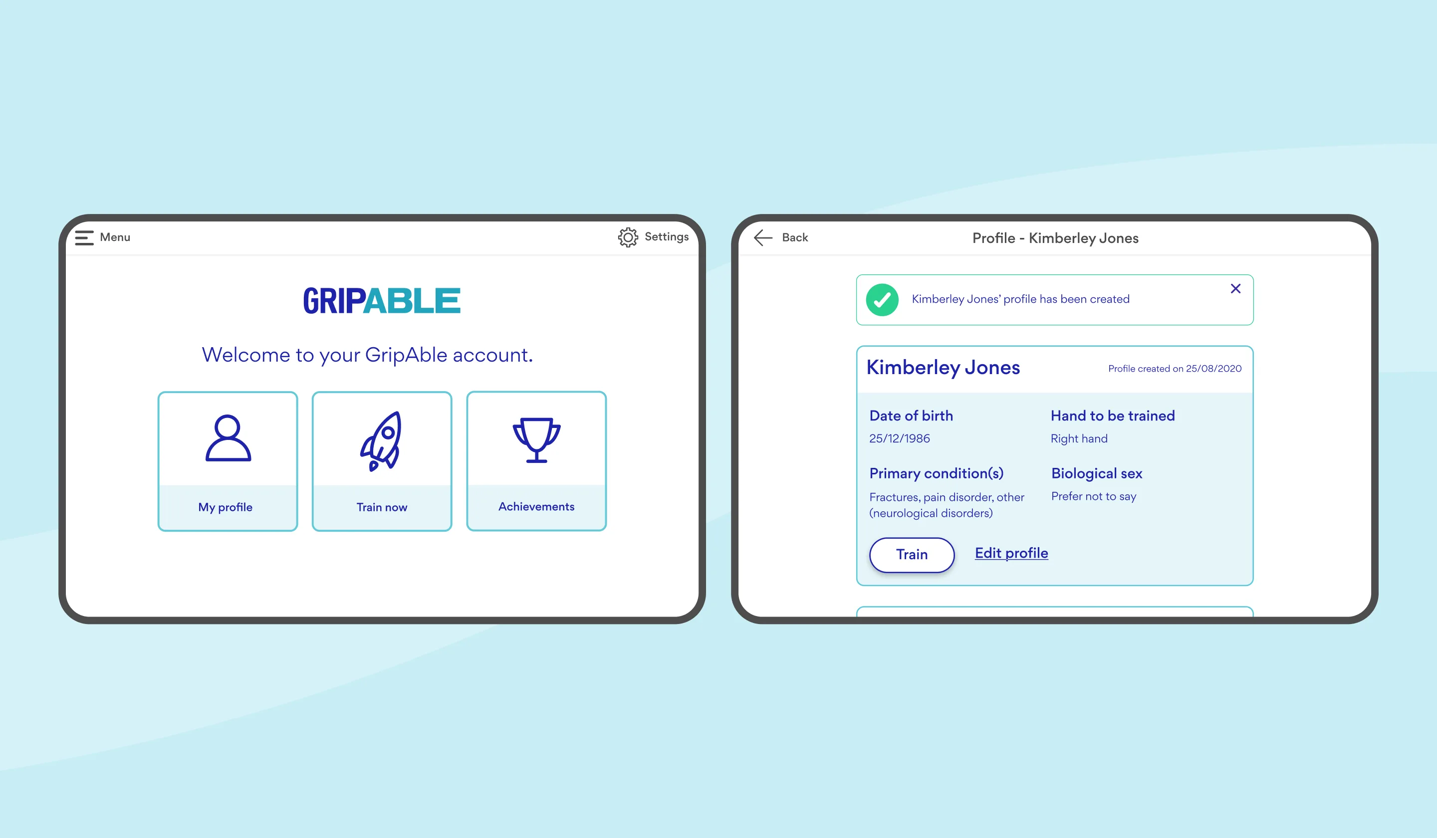 A digital interface shows the GripAble app home screen with options for My profile, Train now, and Achievements. The profile page for Kimberley Jones is open, displaying personal and training details.