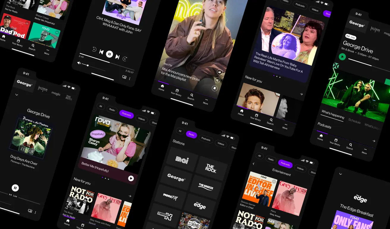 A collage of smartphone screens shows a music and radio streaming app interface, featuring playlists, radio stations, podcasts, album artwork, and profiles in a dark-themed design with purple highlights.