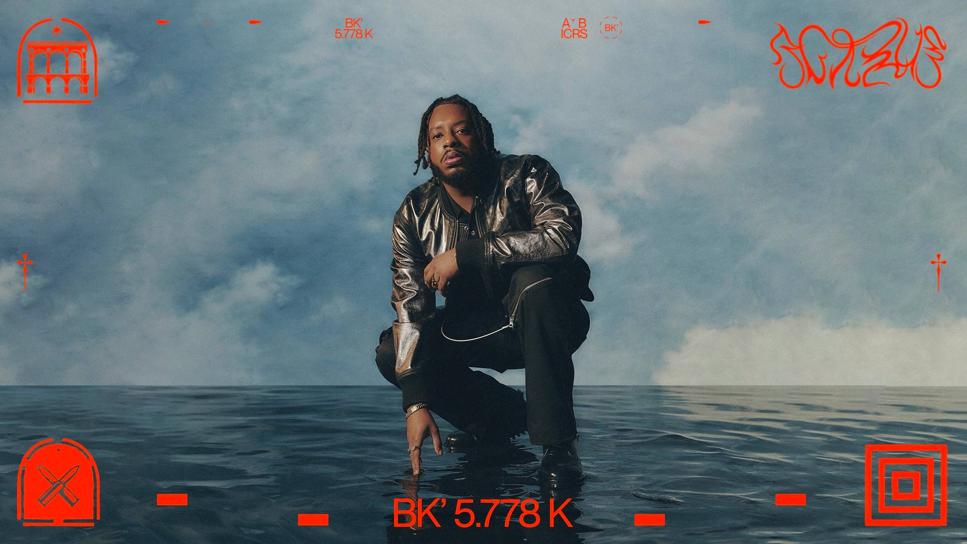 A man wearing a shiny metallic jacket crouches on a reflective water surface with a cloudy sky backdrop. The image features red digital symbols and text overlays on the edges, creating a futuristic effect.