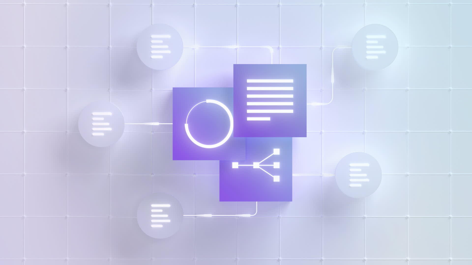 A digital illustration features translucent squares and circles with icons like a pie chart, lines of text, and a branching diagram, connected by glowing lines on a light grid background.