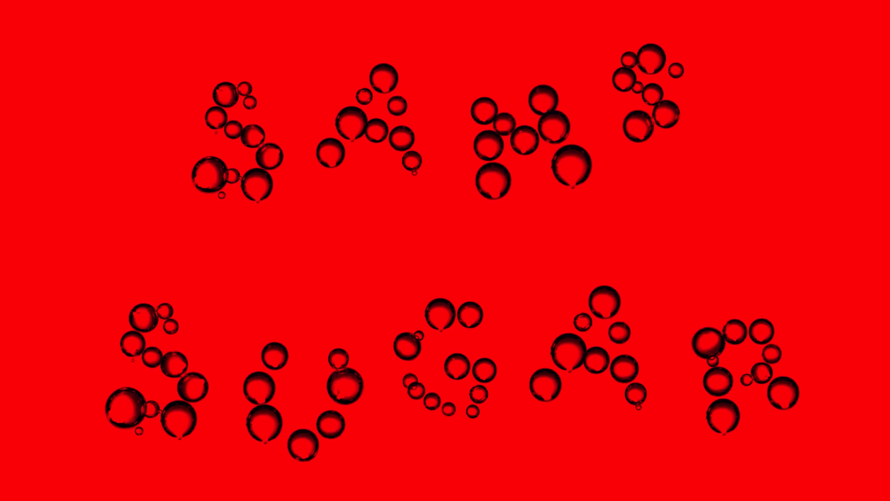 A graphic of the words sans sugar made from bubbles on a red background.