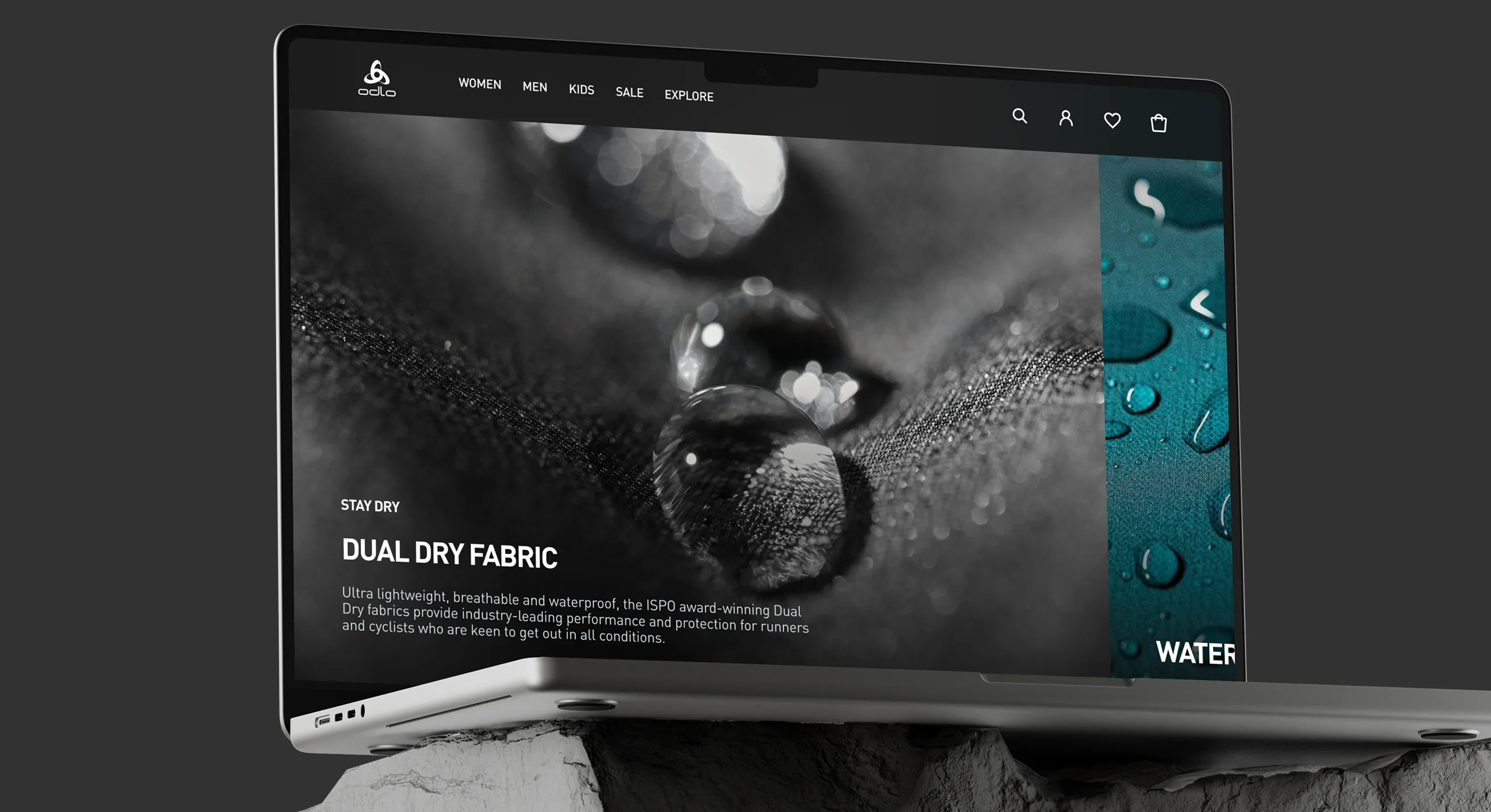 A laptop displays a website featuring a dark image of water droplets on fabric, highlighting "DUAL DRY FABRIC" and its waterproof qualities. The website has a navigation bar with the Odlo logo and product categories.