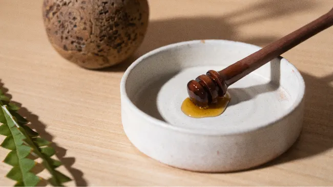 A honey dipper with honey rests on the edge of a white dish. A textured brown sphere and a green fern are nearby on a light wooden surface.