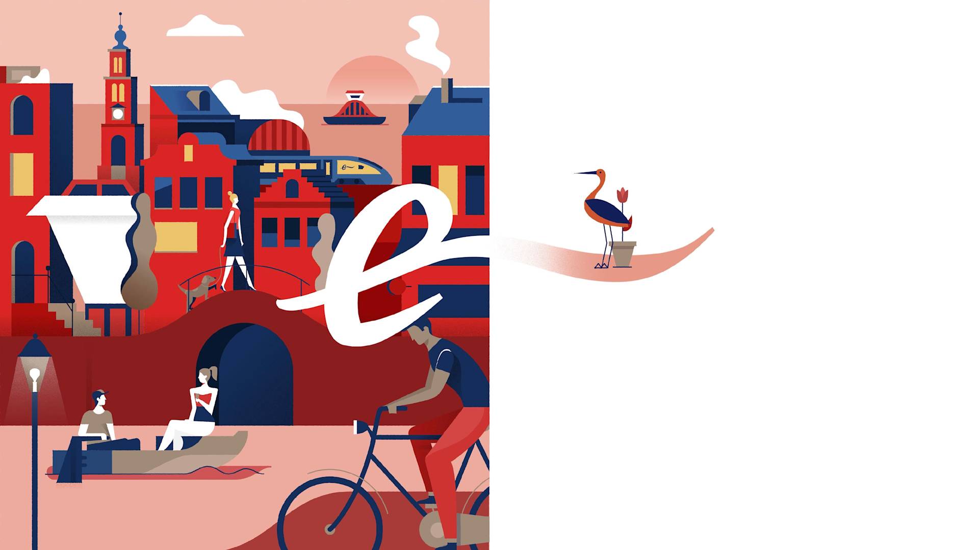 Illustration of a stylized cityscape with people walking, sitting, and cycling; a large letter e stretches to the right, leading to a white background with a stork carrying a suitcase. The colors are mainly red, blue, and white.