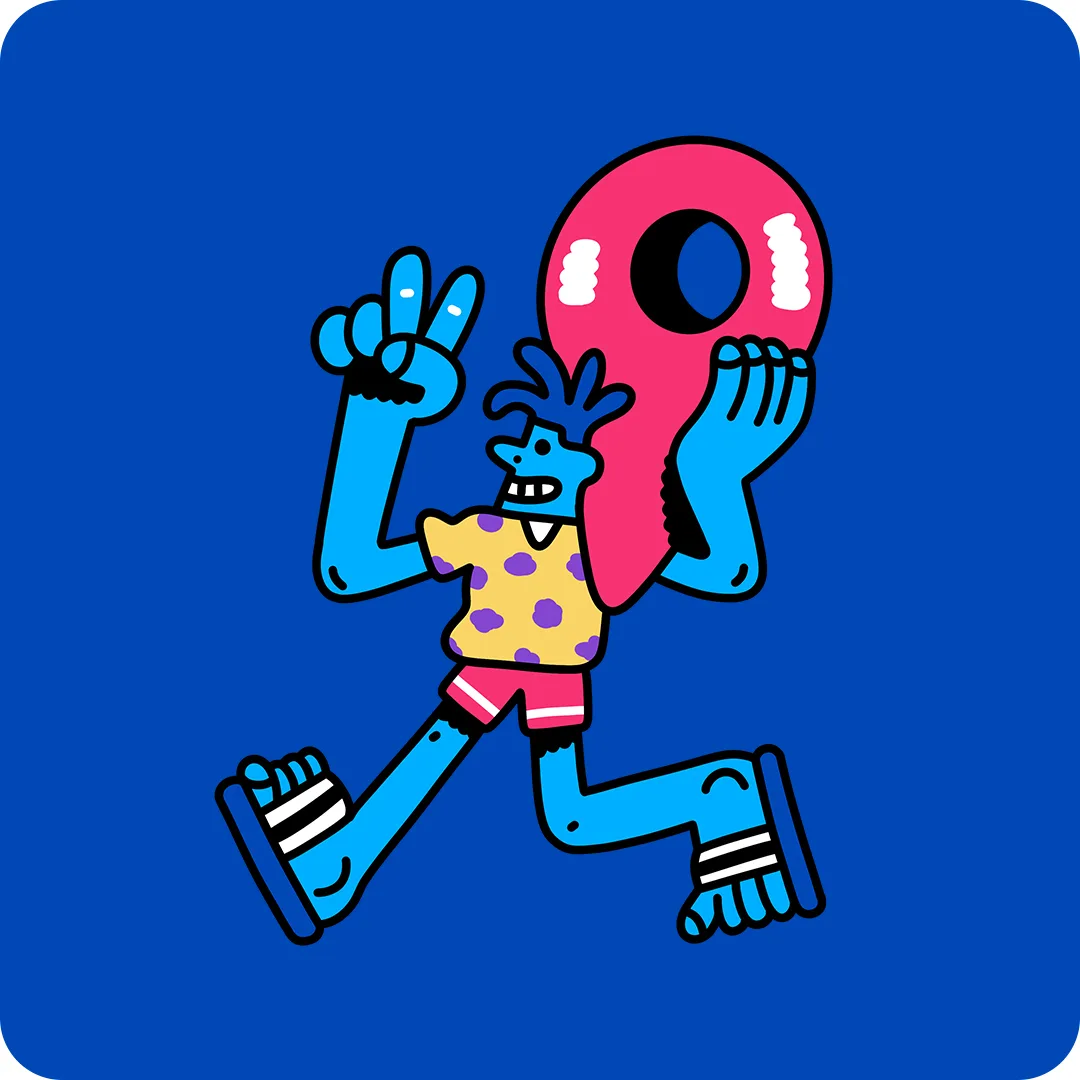 Cartoon of a blue character wearing a yellow spotted shirt and red shorts, running and holding a large pink location pin while making a peace sign with one hand, set against a blue background.