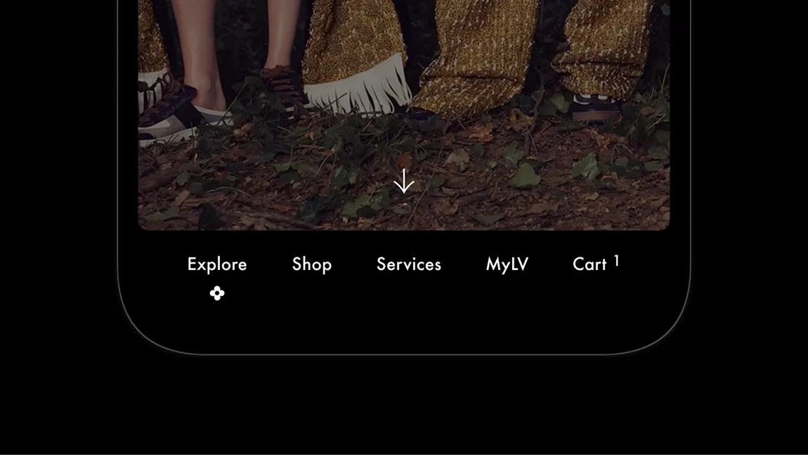 Navigation bar with links for Explore, Shop, Services, MyLV, and Cart containing one item.