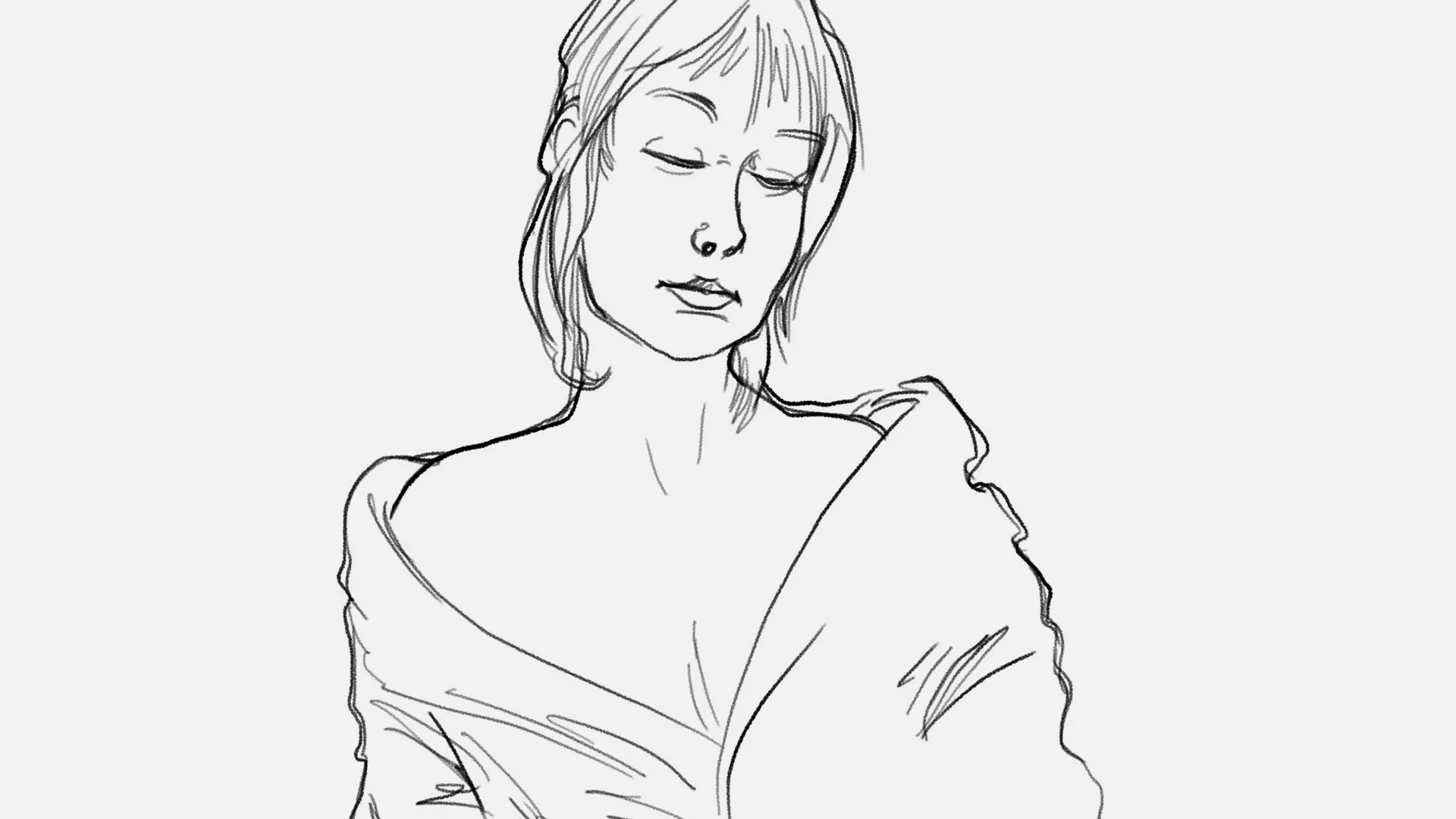 A black and white line drawing of a person with short hair and closed eyes, wearing an off-the-shoulder garment, with a calm and relaxed expression.