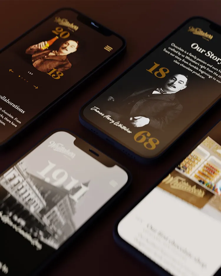 Four smartphones display a website with sepia-toned images and text about a chocolate companys history, showing years (1911, 1968, 2013) and vintage photos of people and factory buildings.