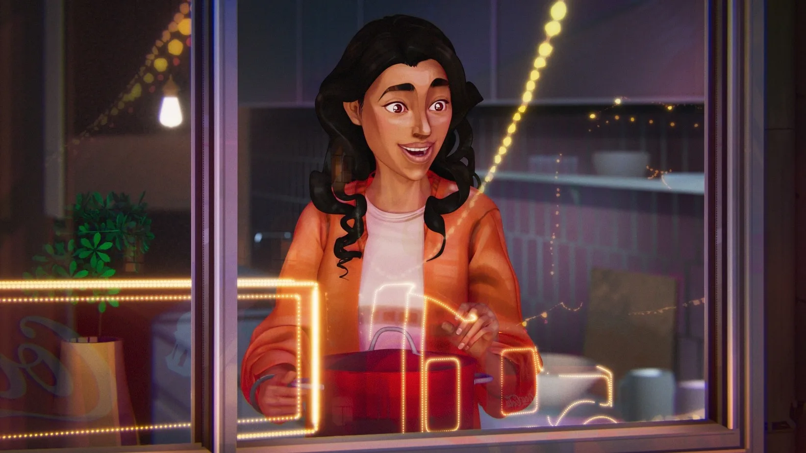 An animated girl with wavy dark hair and an orange jacket smiles while looking out a window decorated with glowing yellow lights, her hand touching the glass. The background shows a cozy, softly lit room.