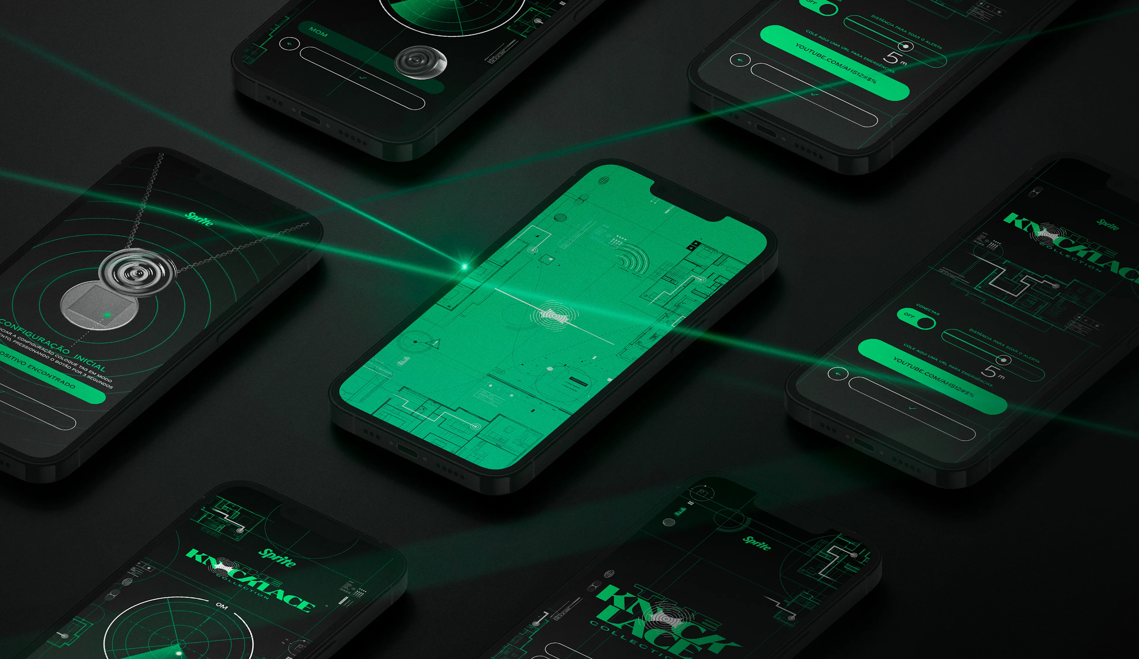 A group of smartphones displaying green and black digital interfaces with radar, maps, and controls, illuminated by green laser lines on a dark surface, suggesting a high-tech or gaming theme.