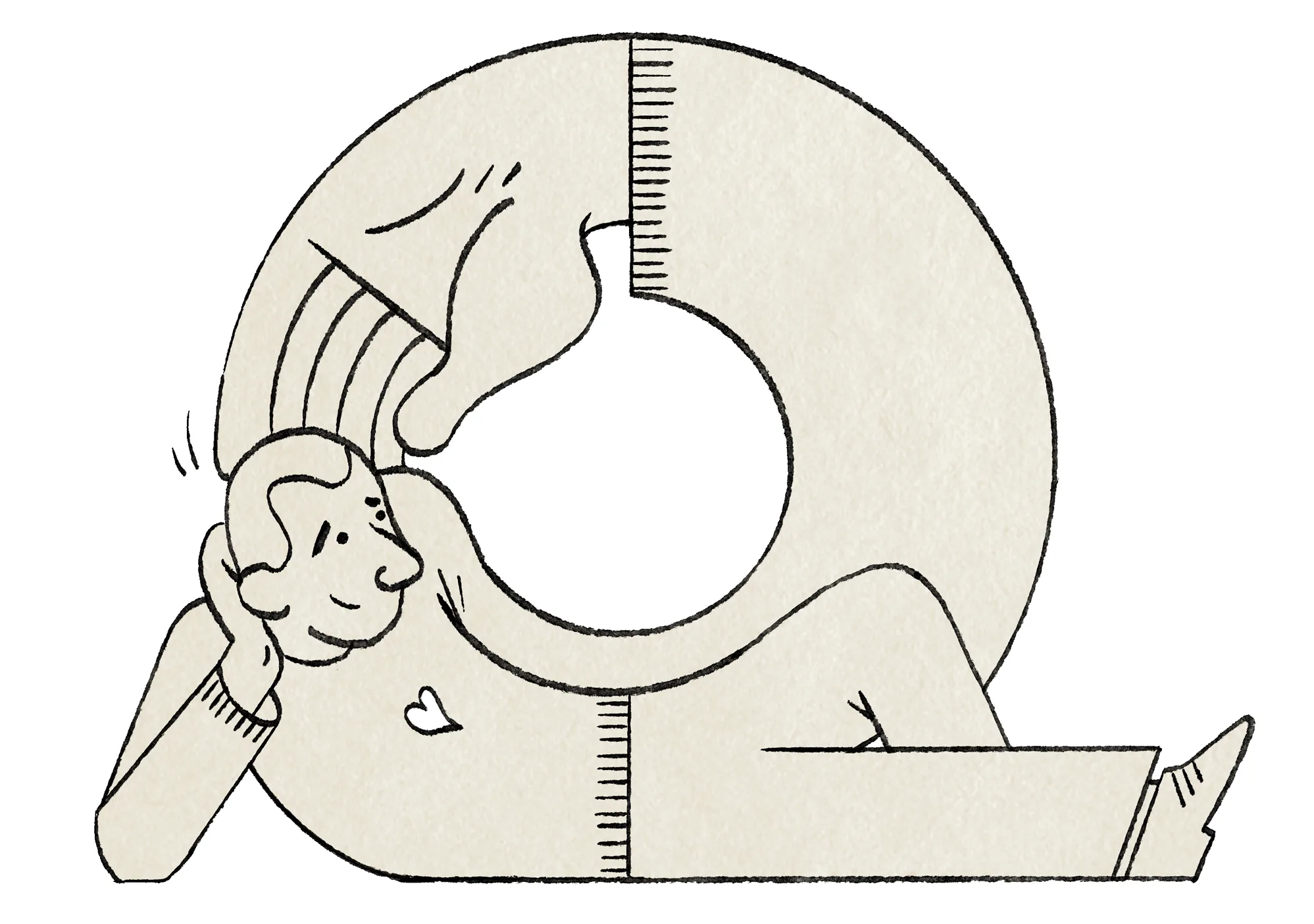 A person lounges on the ground, smiling as a large donut-shaped figure gently pats their head. The image has a simple, sketch-like style with minimal lines and a soft beige color.